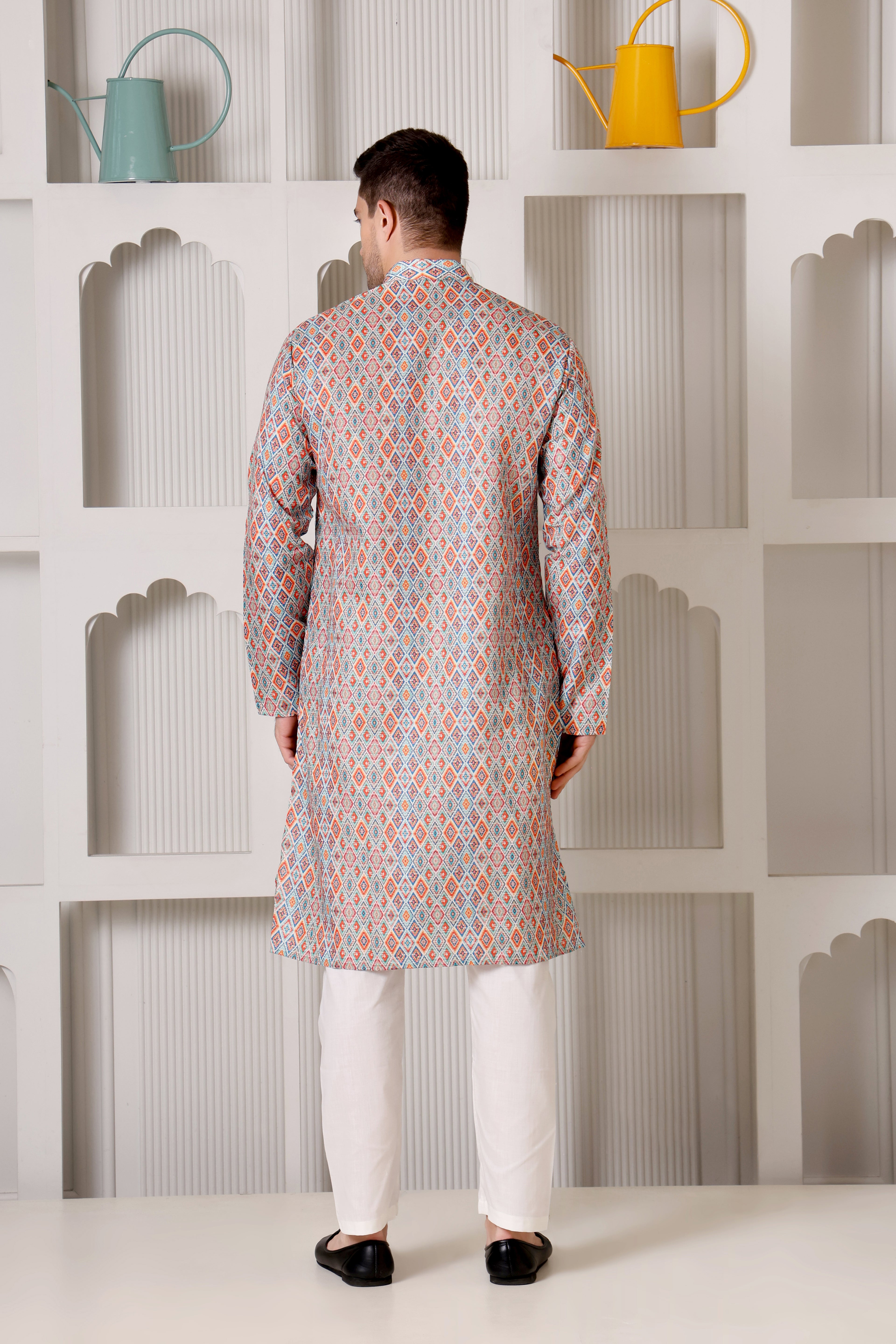 Men’s Multicolor Geometric Diamond Printed Cotton Kurta Set