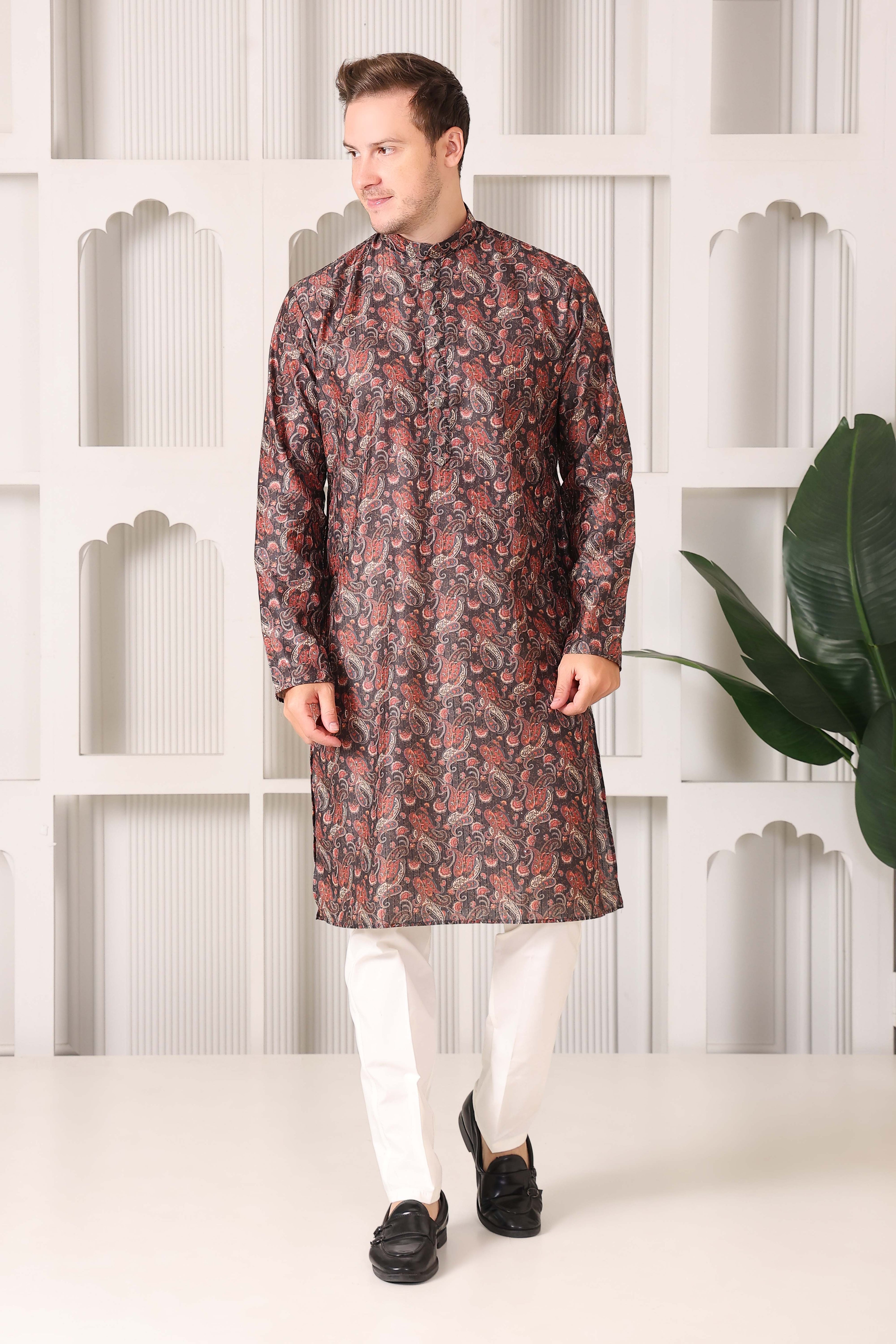 Designer Kairan Paisley Printed Kurta in Black & Maroon Tones