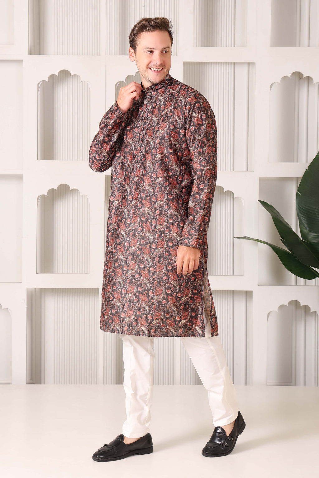 Designer Kairan Paisley Printed Kurta in Black & Maroon Tones