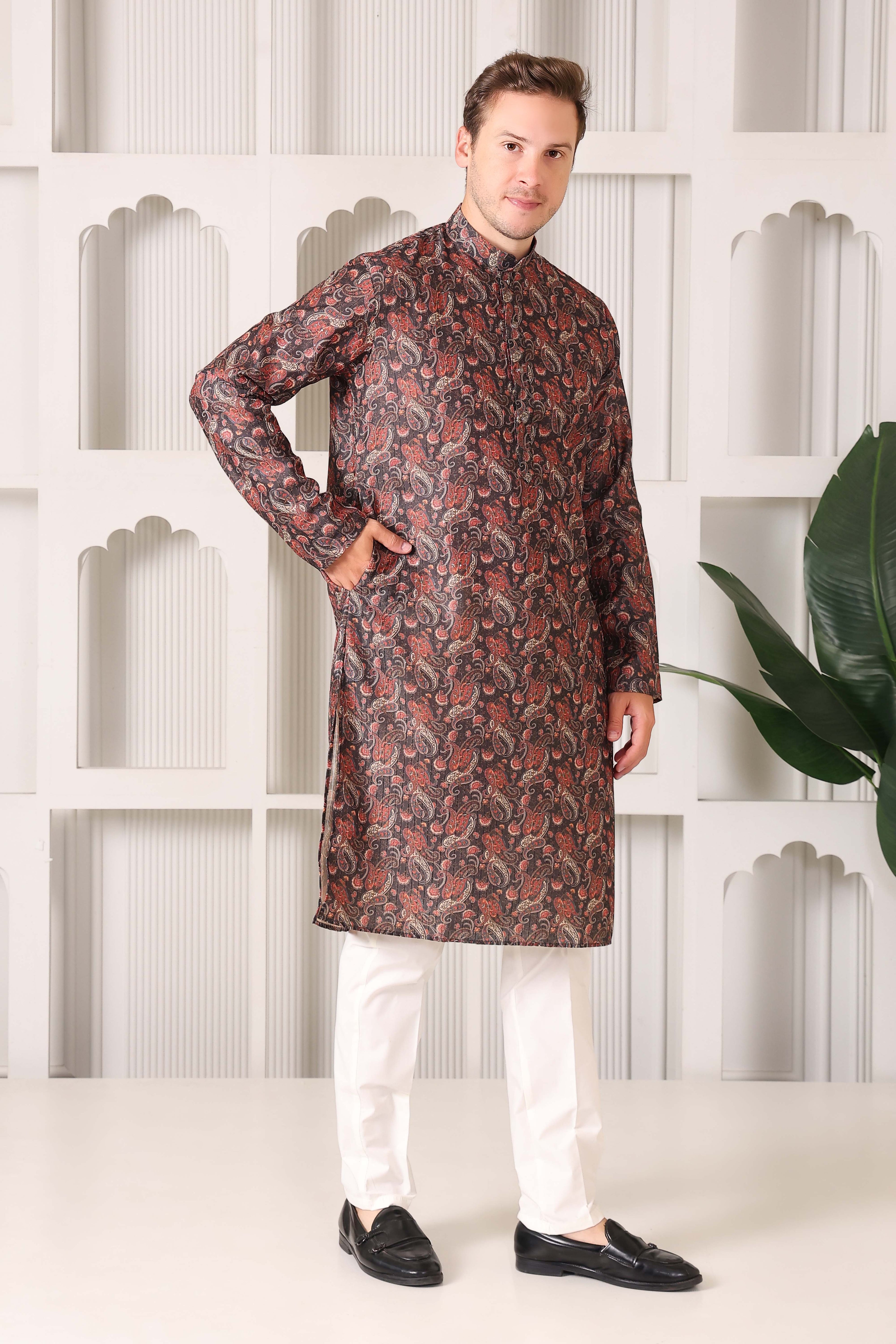 Designer Kairan Paisley Printed Kurta in Black & Maroon Tones