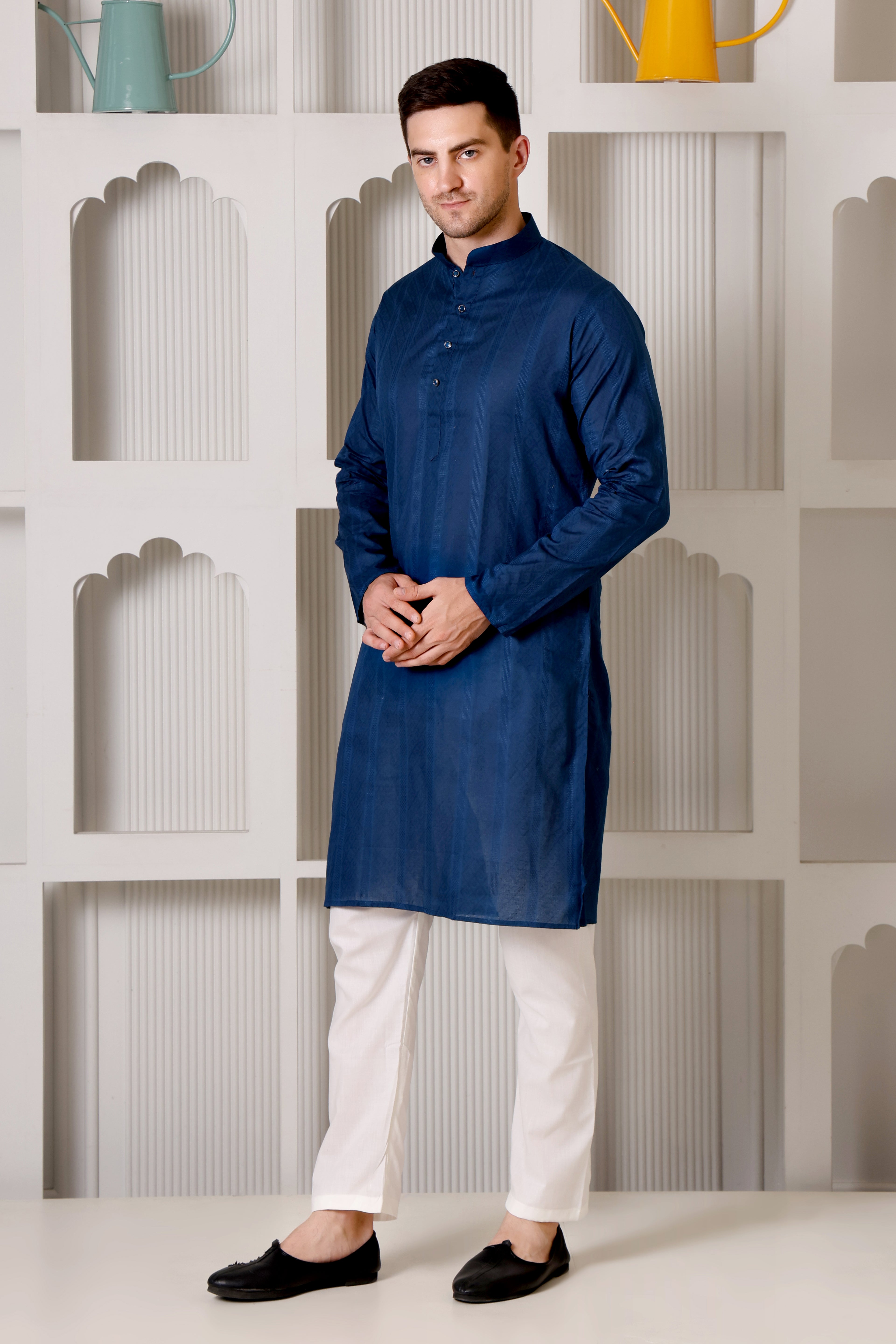 Teal/Royal Blue Self-Textured Cotton Silk Kurta Pajama Set