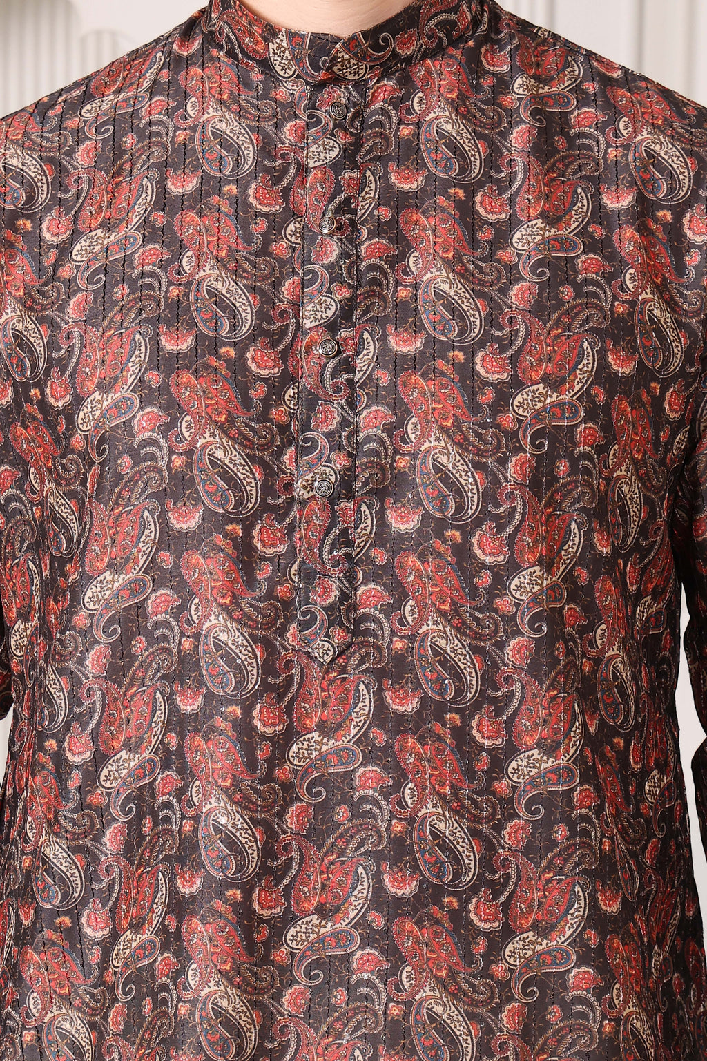 Designer Kairan Paisley Printed Kurta in Black & Maroon Tones