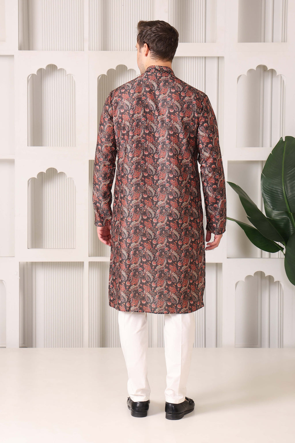 Designer Kairan Paisley Printed Kurta in Black & Maroon Tones