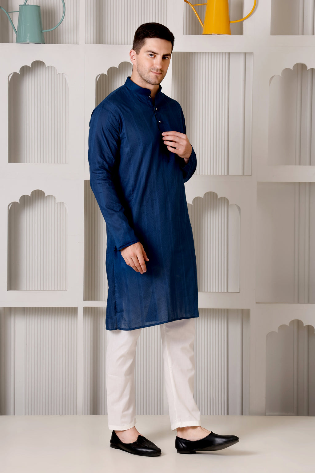 Teal/Royal Blue Self-Textured Cotton Silk Kurta Pajama Set