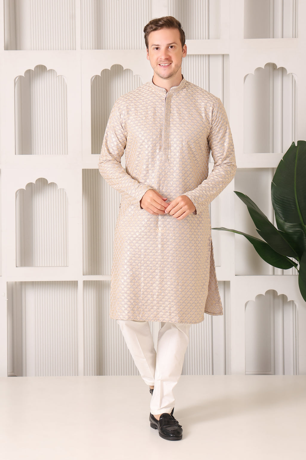 Men’s Grey Festive Kurta with Golden Resham Work