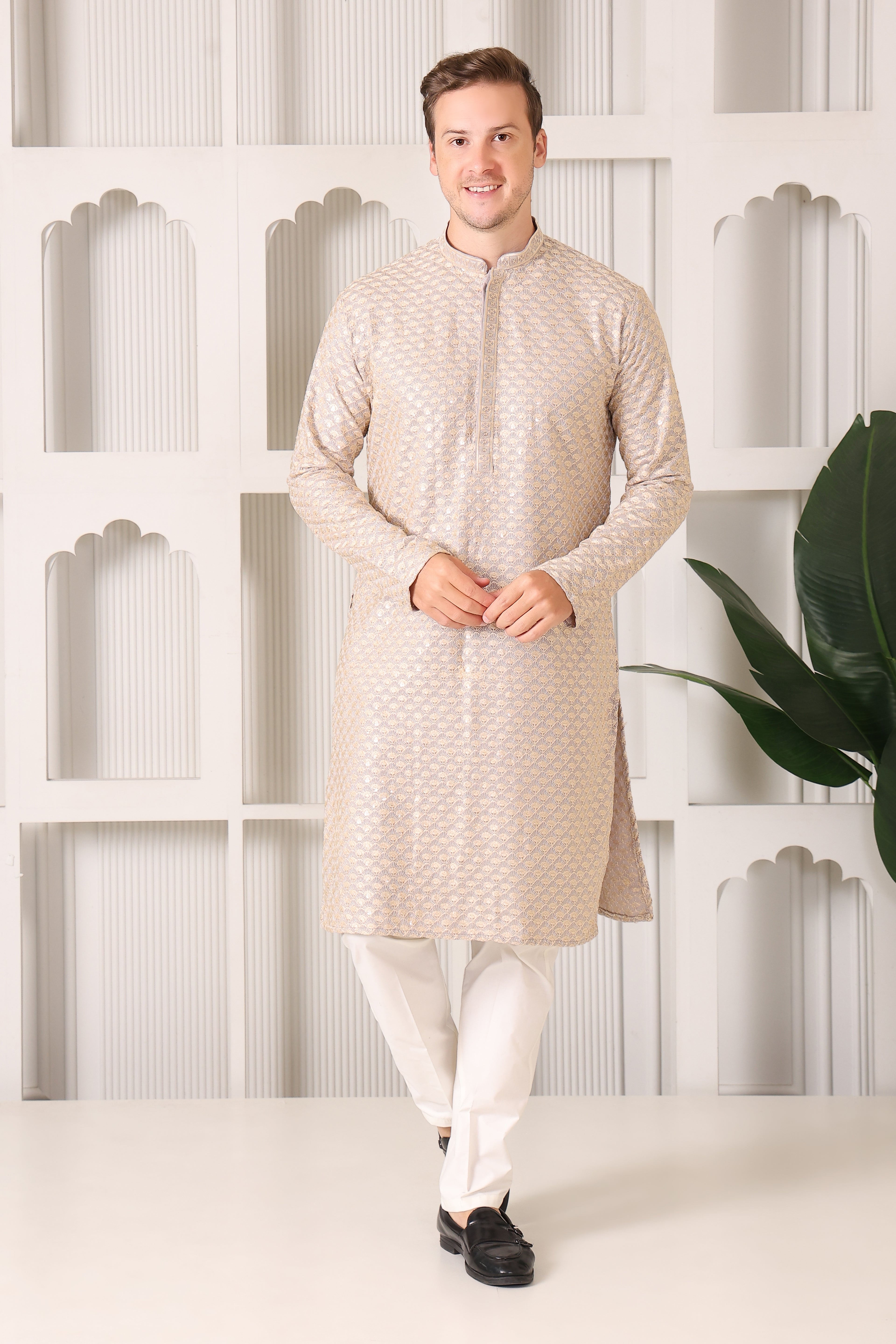 Men’s Grey Festive Kurta with Golden Resham Work