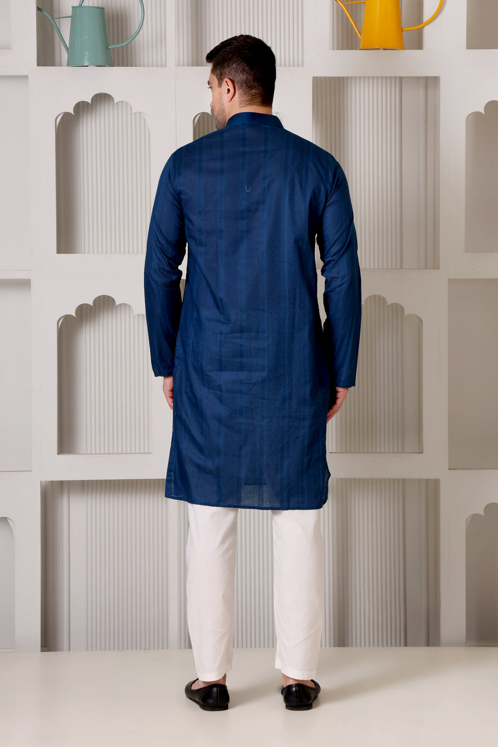 Teal/Royal Blue Self-Textured Cotton Silk Kurta Pajama Set