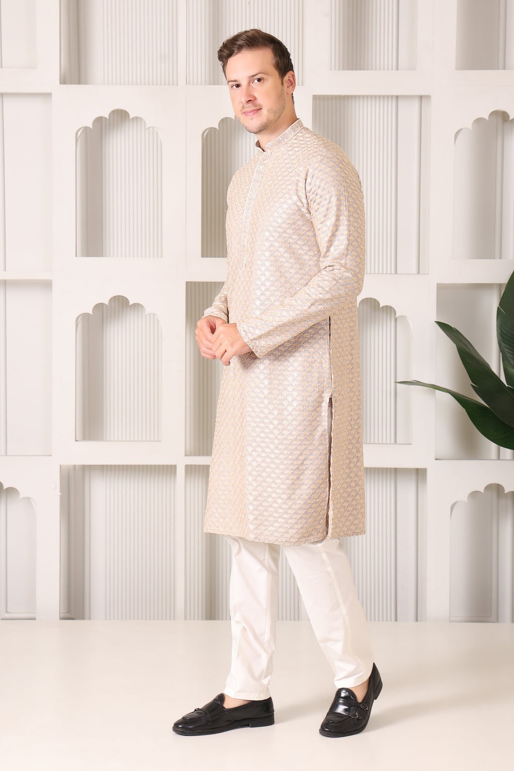 Men’s Grey Festive Kurta with Golden Resham Work