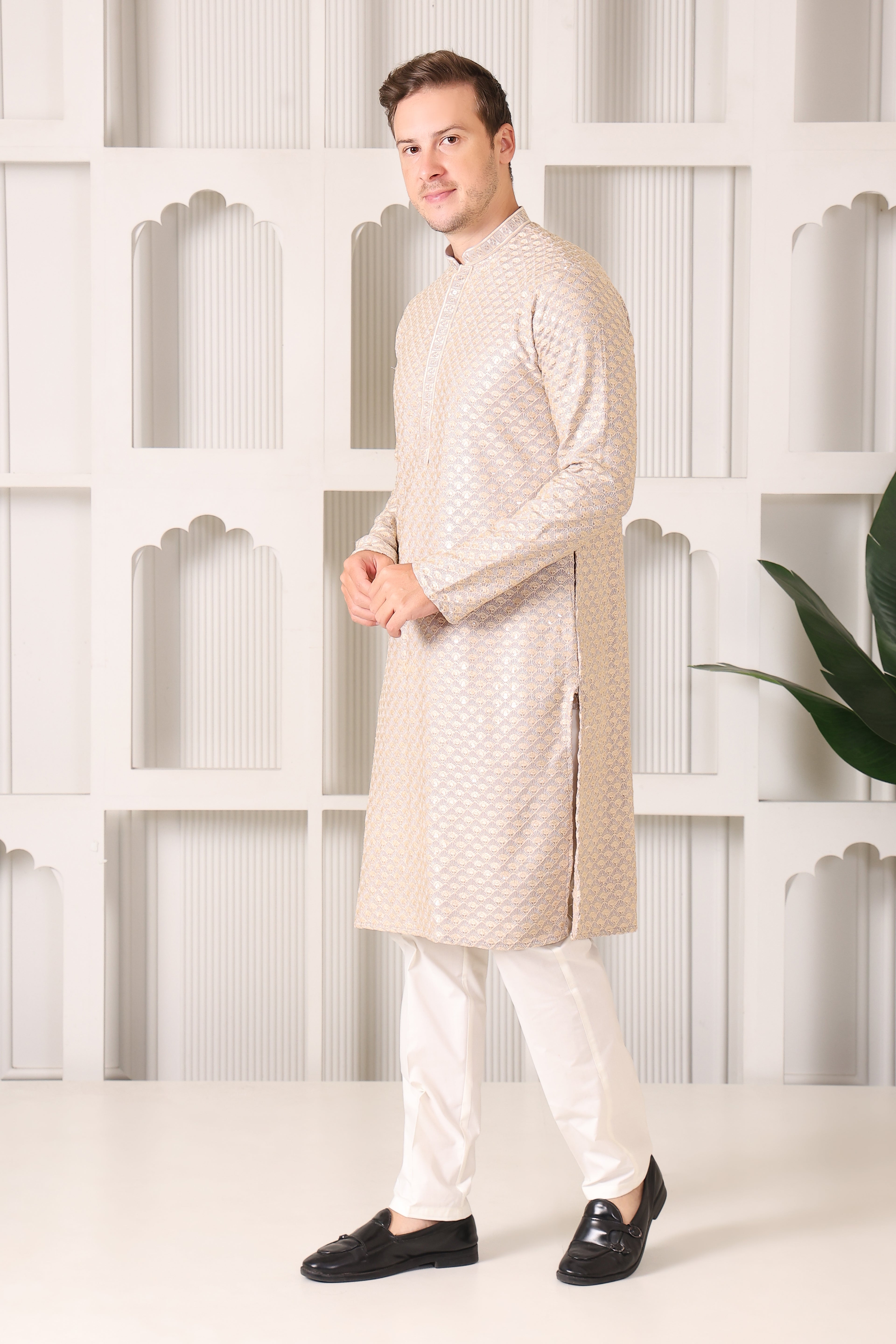 Men’s Grey Festive Kurta with Golden Resham Work