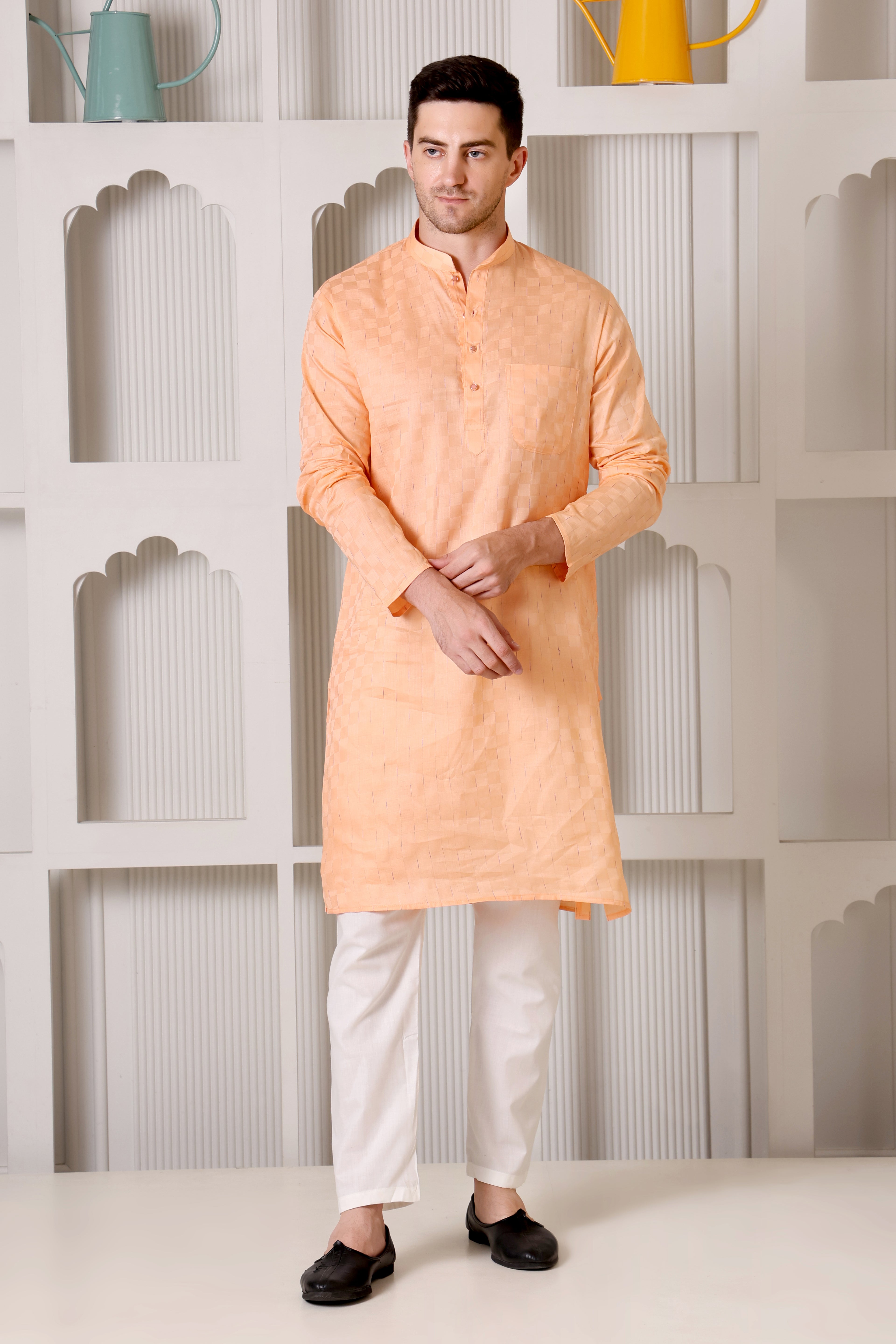 Peach Pure Cotton Checkered Self-Textured Kurta Pajama Set