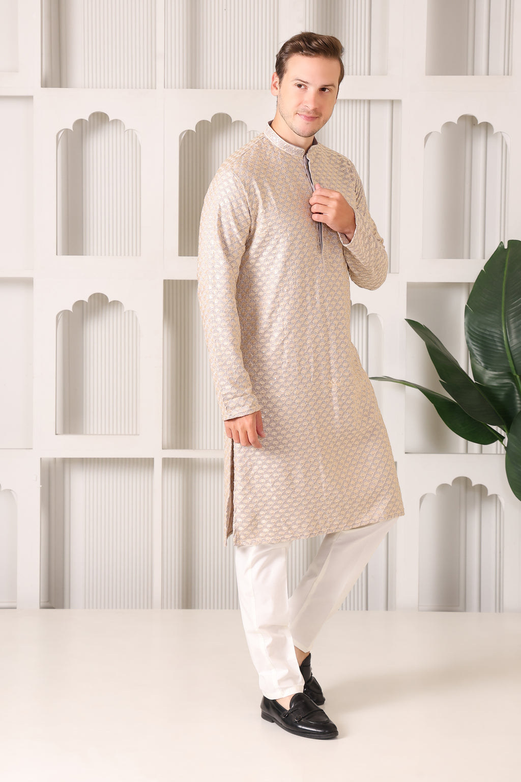 Men’s Grey Festive Kurta with Golden Resham Work