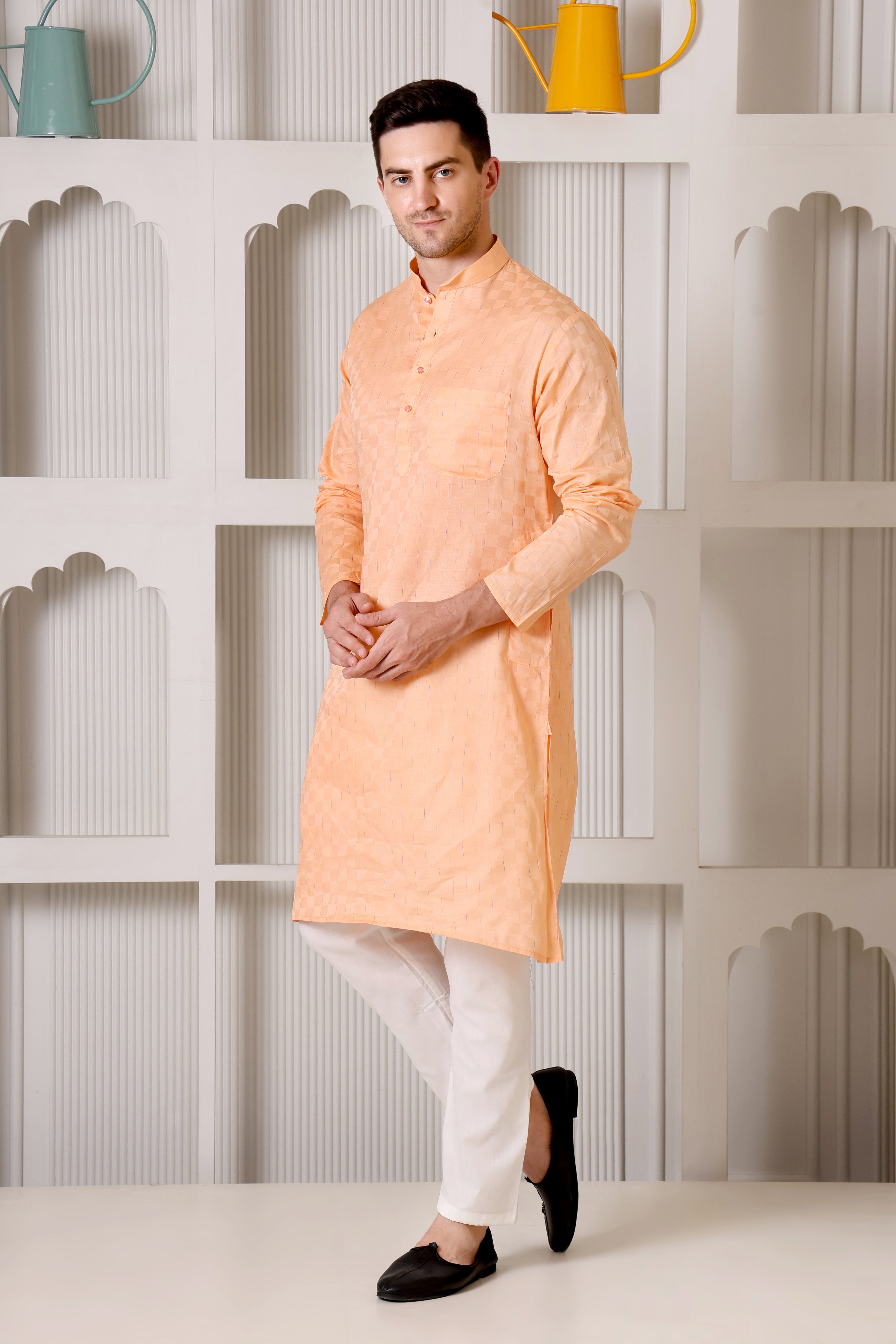 Peach Pure Cotton Checkered Self-Textured Kurta Pajama Set