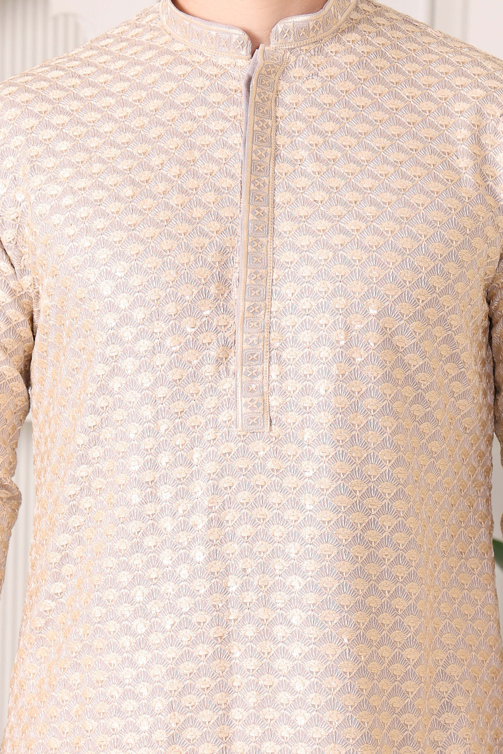 Men’s Grey Festive Kurta with Golden Resham Work
