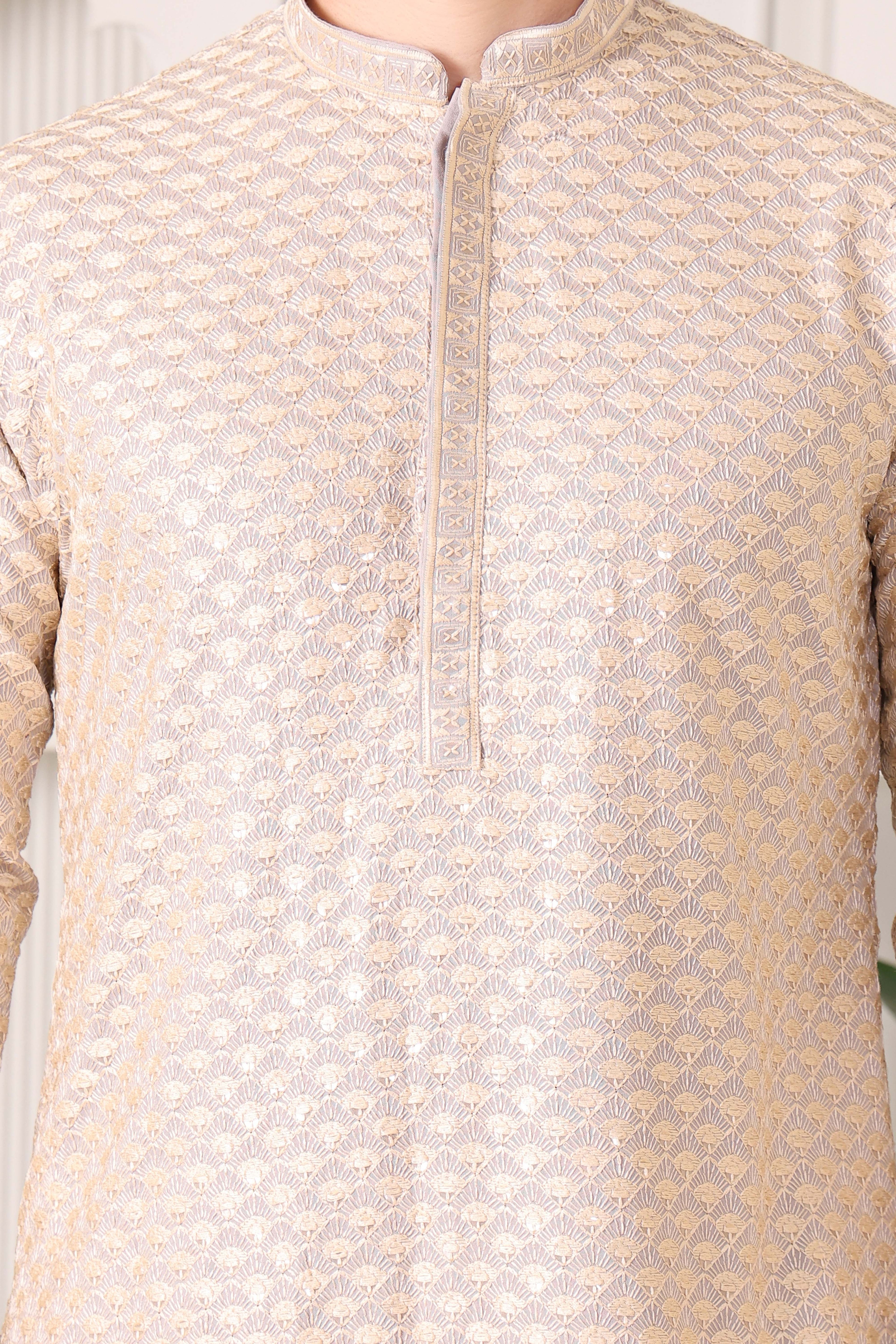 Men’s Grey Festive Kurta with Golden Resham Work