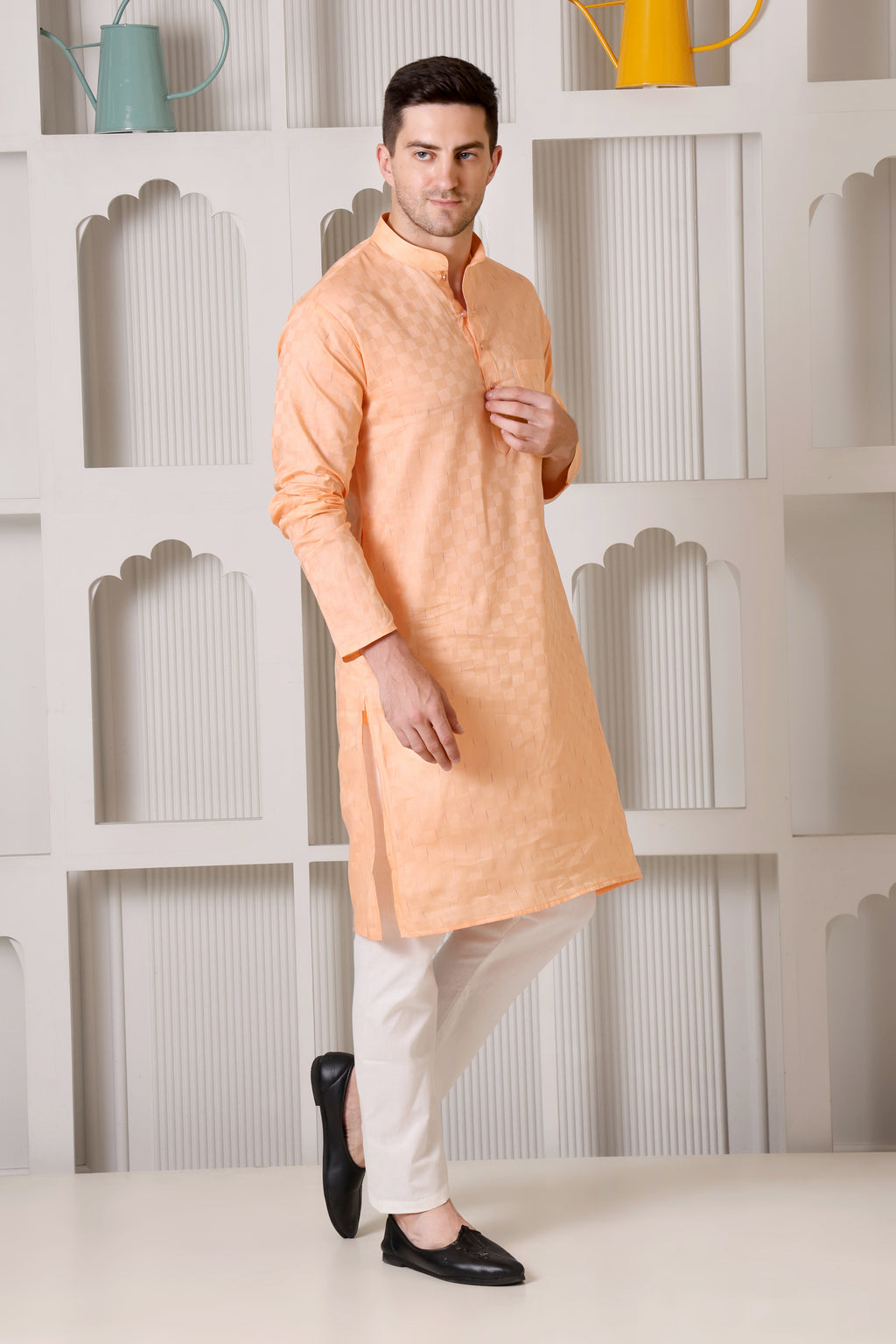 Peach Pure Cotton Checkered Self-Textured Kurta Pajama Set