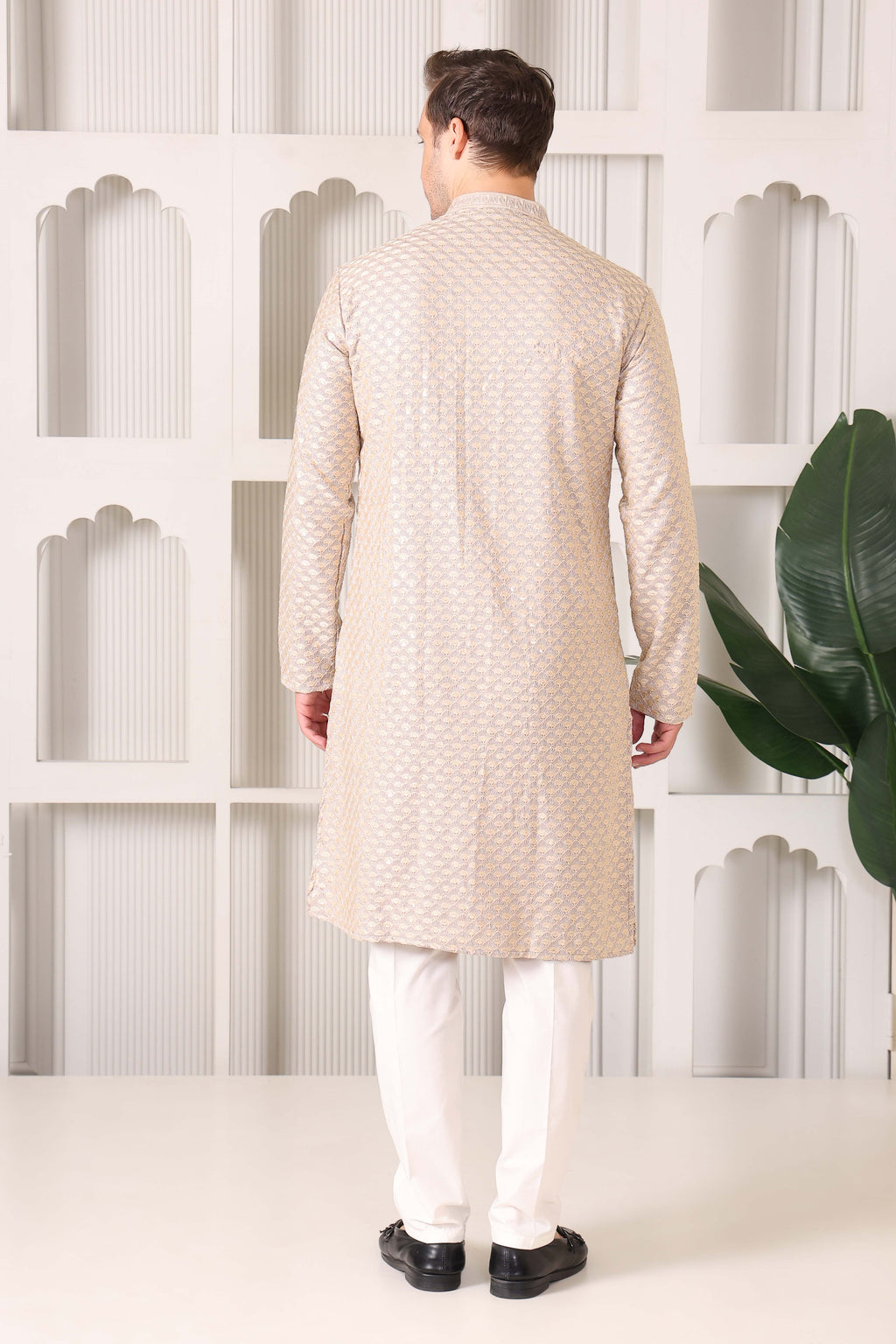 Men’s Grey Festive Kurta with Golden Resham Work