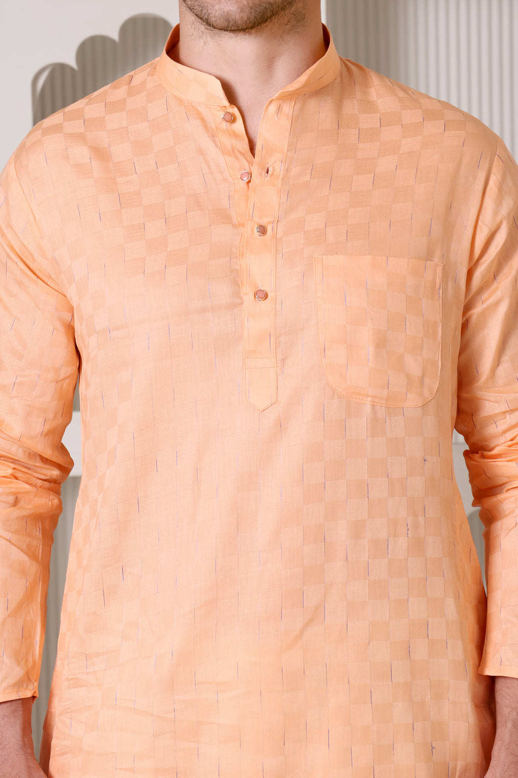 Peach Pure Cotton Checkered Self-Textured Kurta Pajama Set