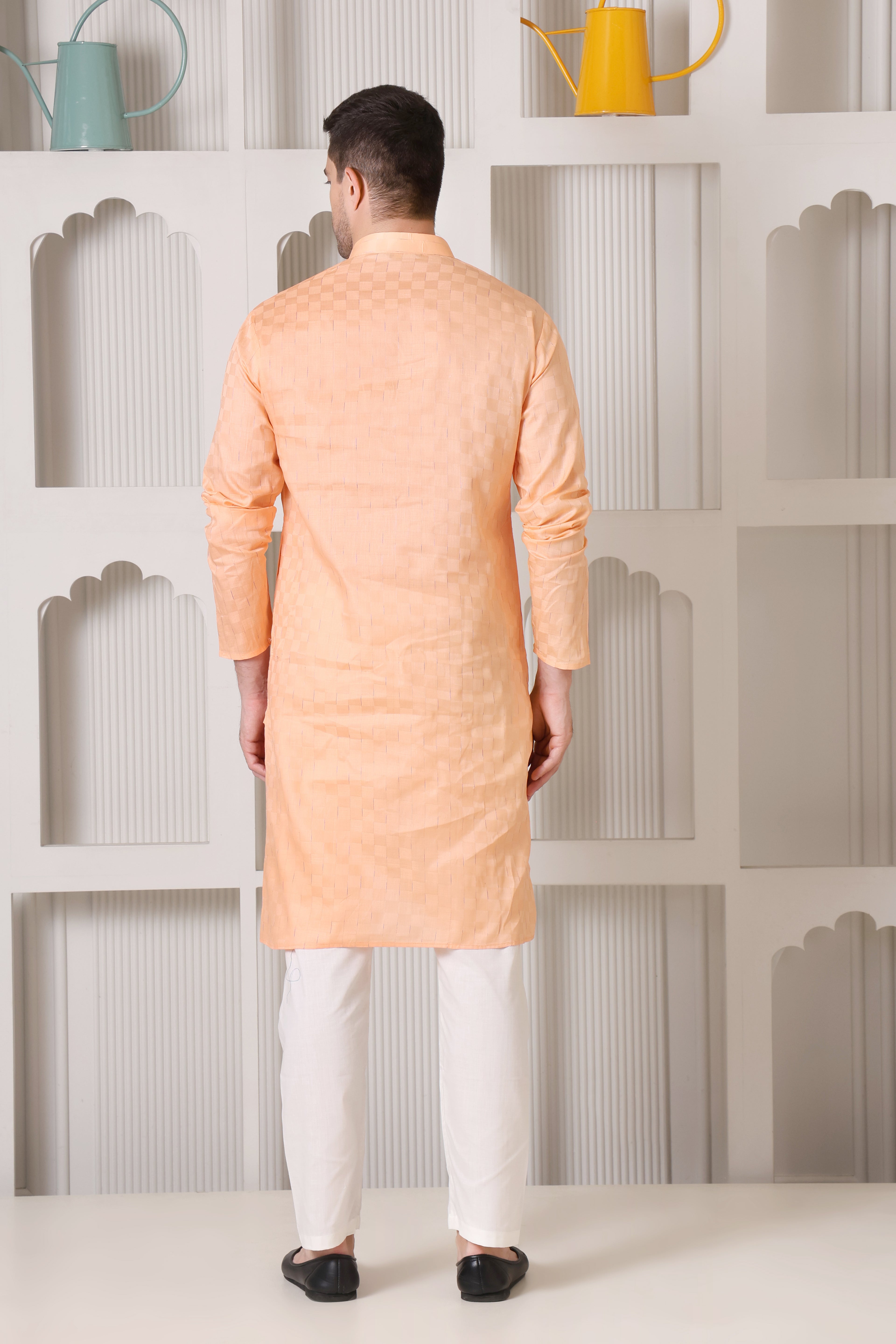 Peach Pure Cotton Checkered Self-Textured Kurta Pajama Set