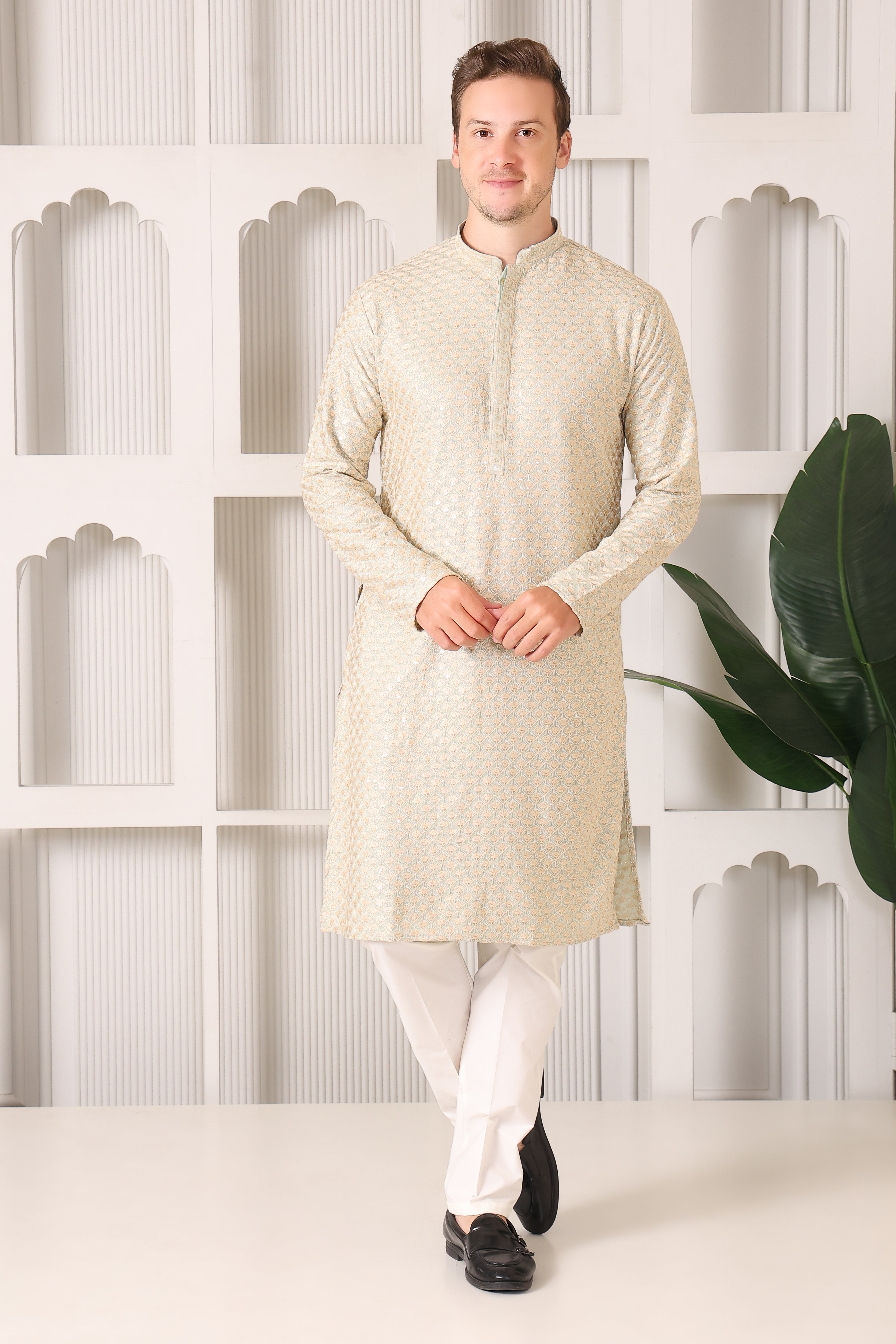Men’s Pista Festive Kurta with Golden Resham Work