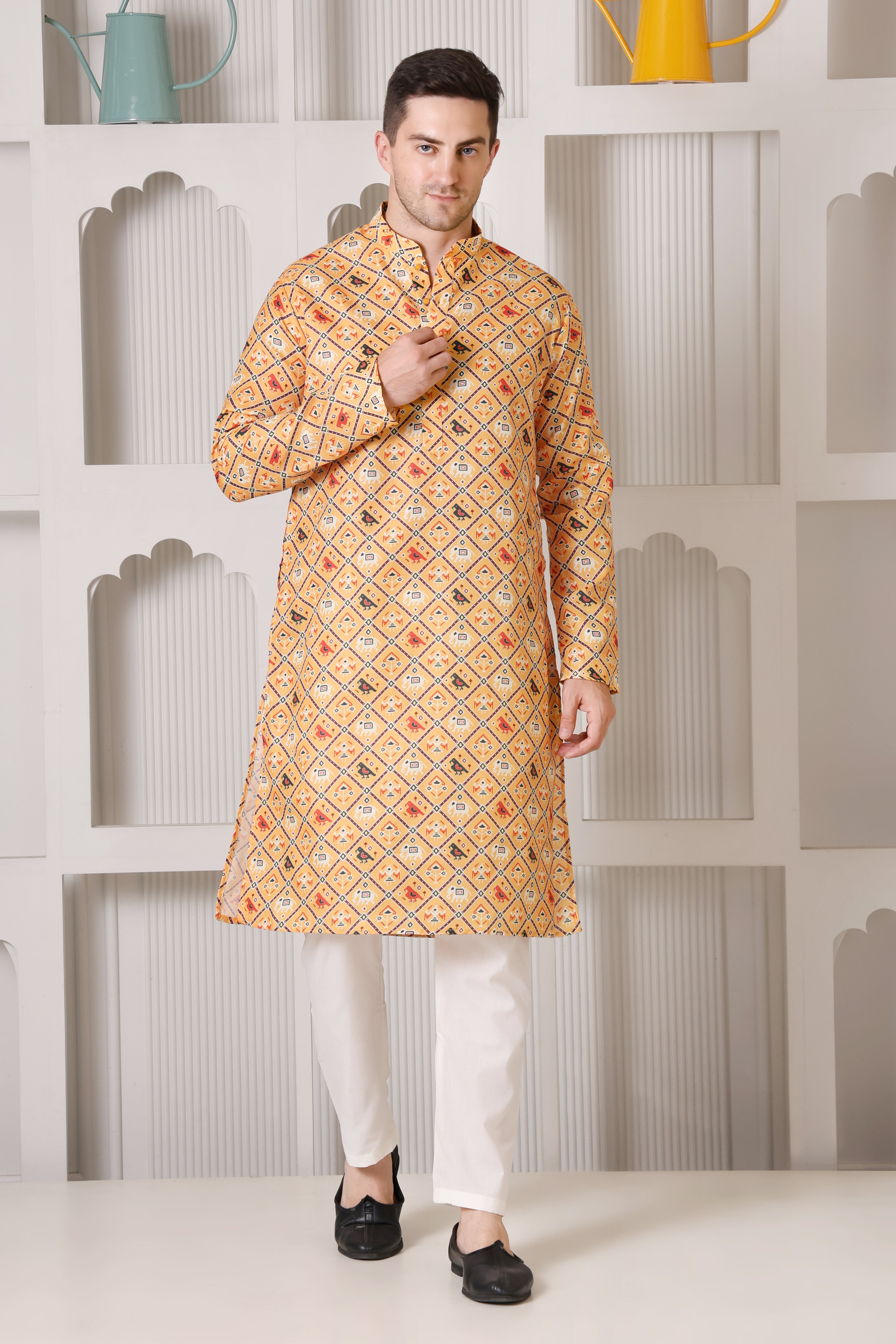 Mustard Yellow Printed Cotton Blend Kurta for Men's Ethnic
