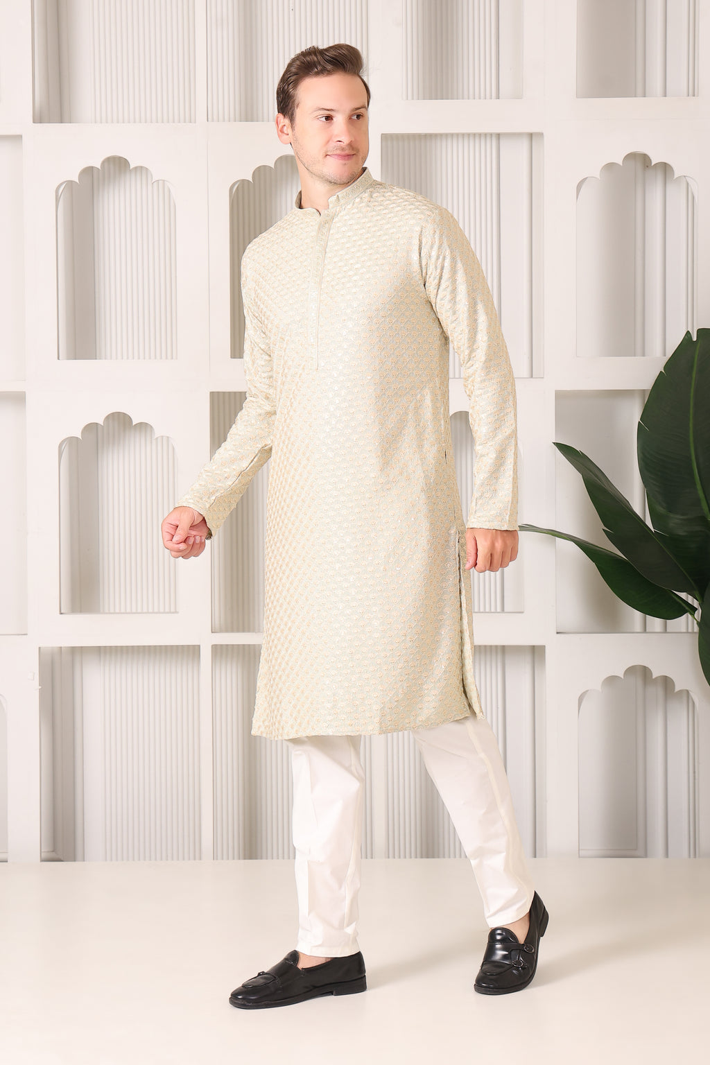 Men’s Pista Festive Kurta with Golden Resham Work