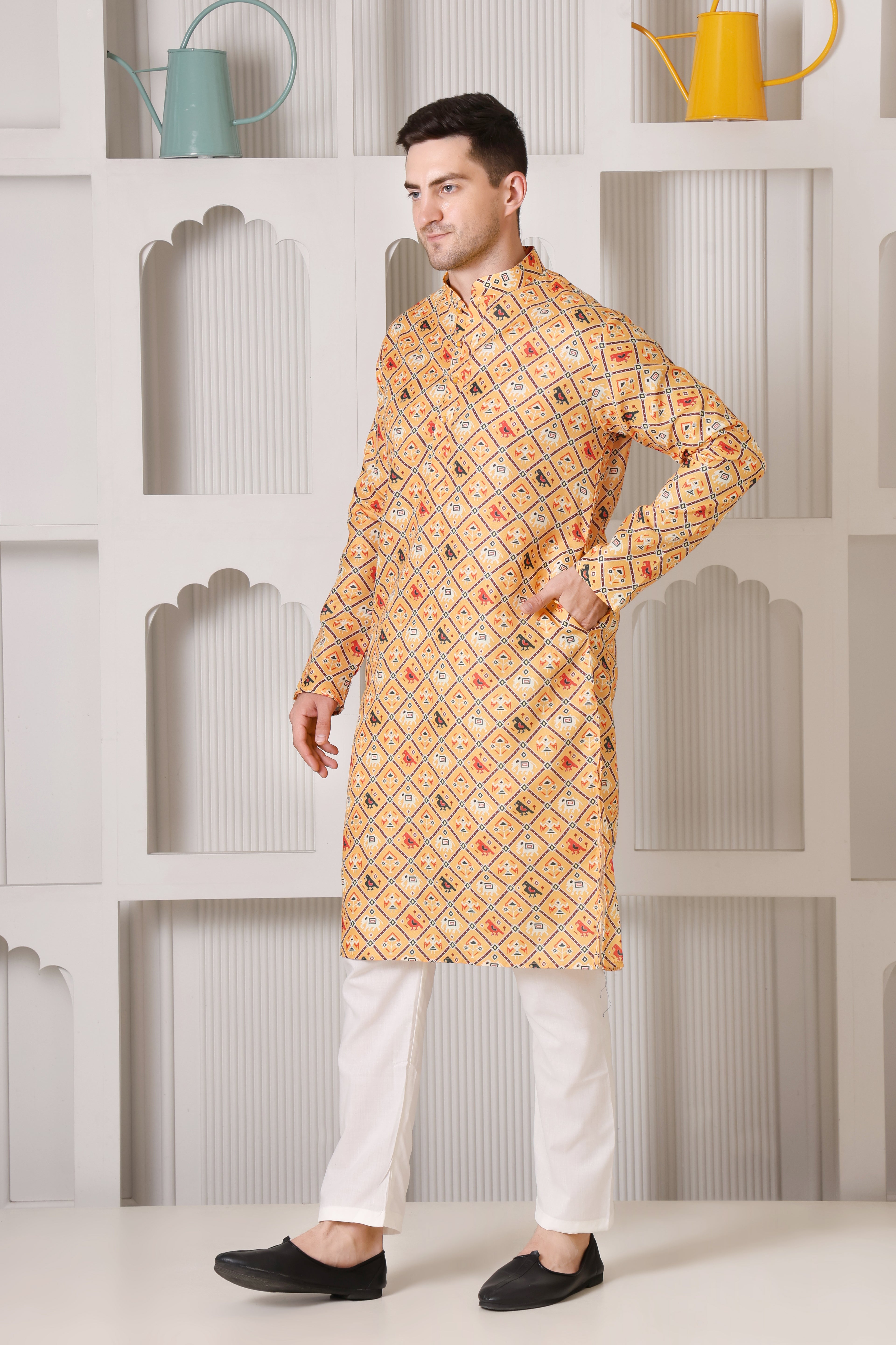 Mustard Yellow Printed Cotton Blend Kurta for Men's Ethnic
