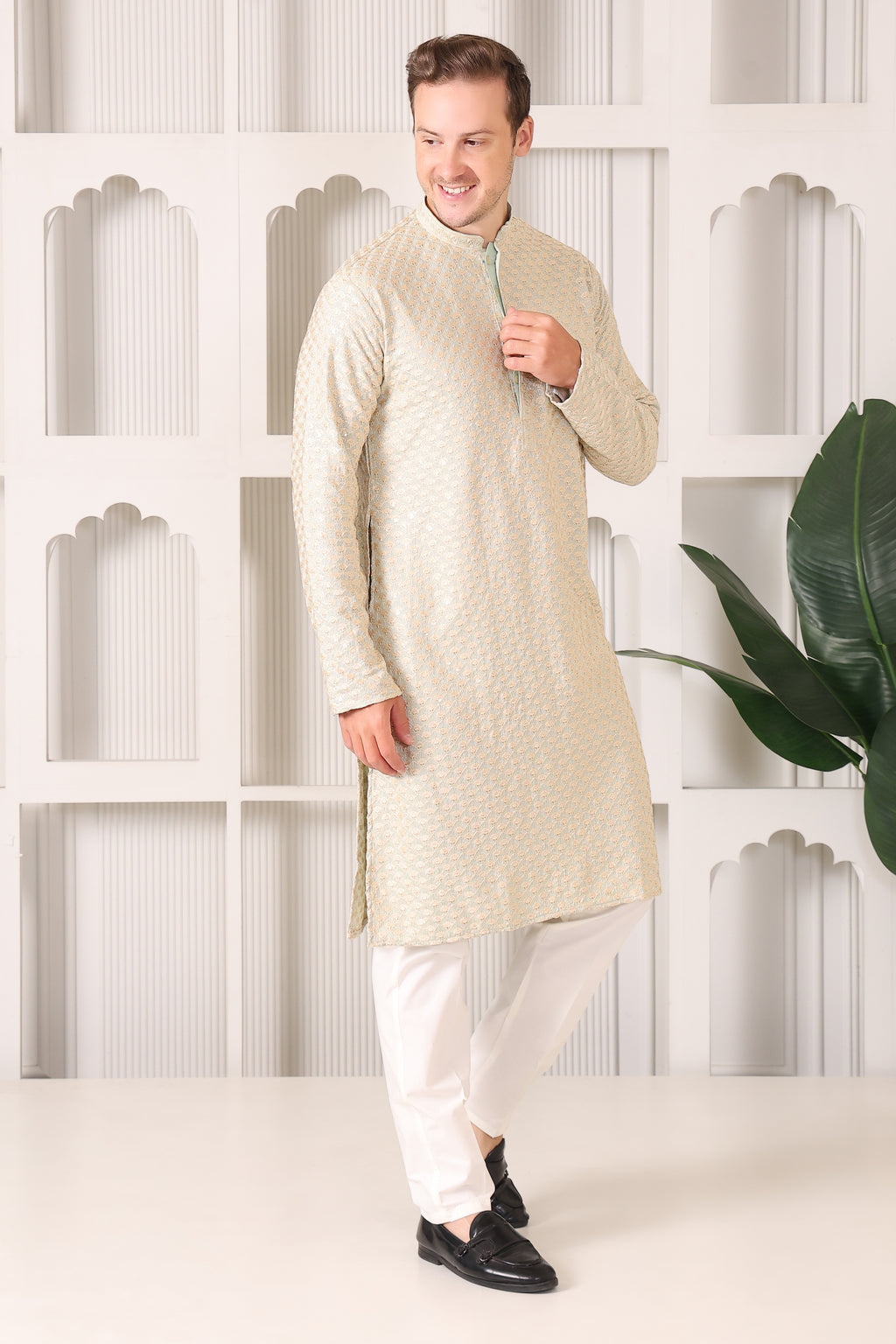 Men’s Pista Festive Kurta with Golden Resham Work