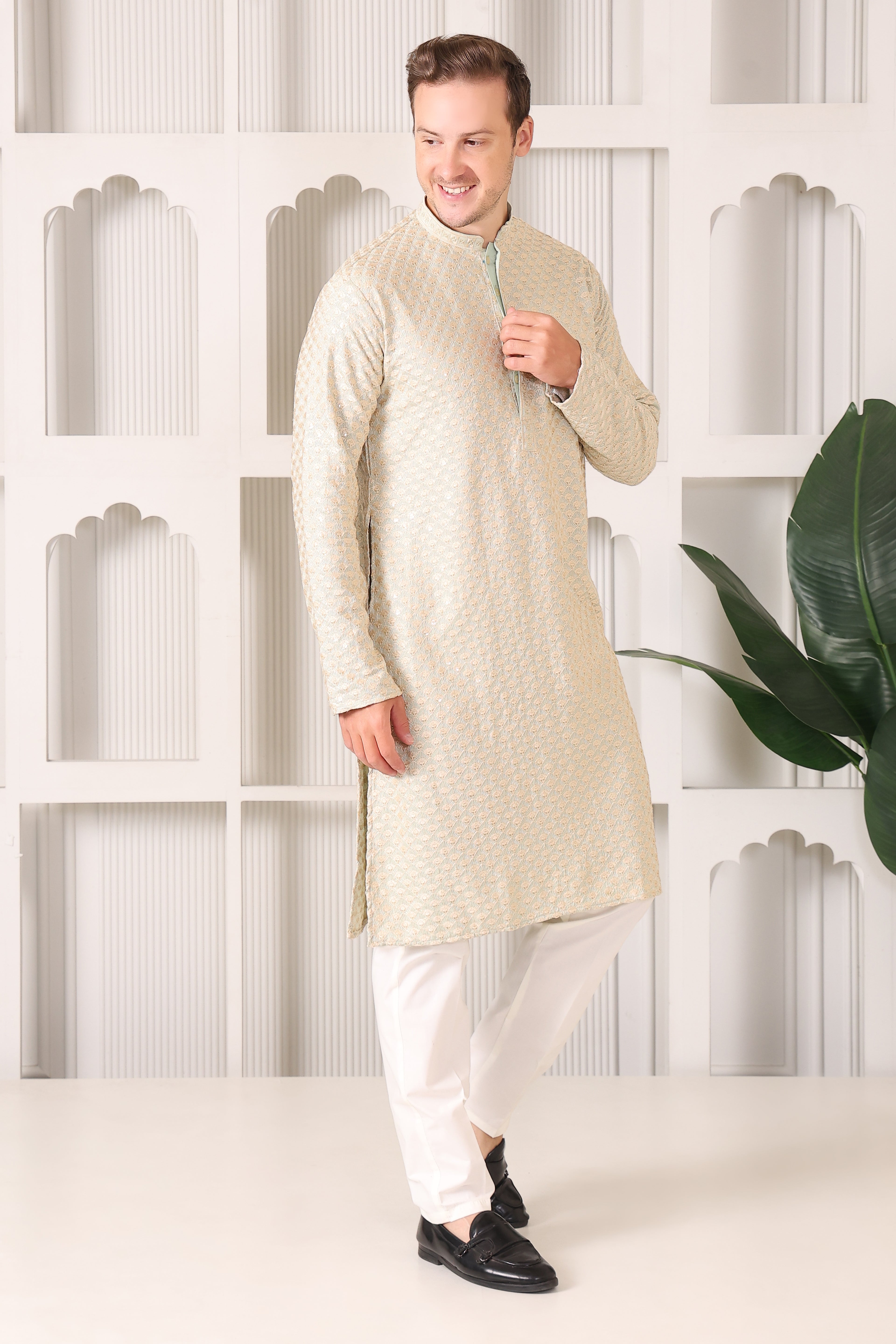 Men’s Pista Festive Kurta with Golden Resham Work