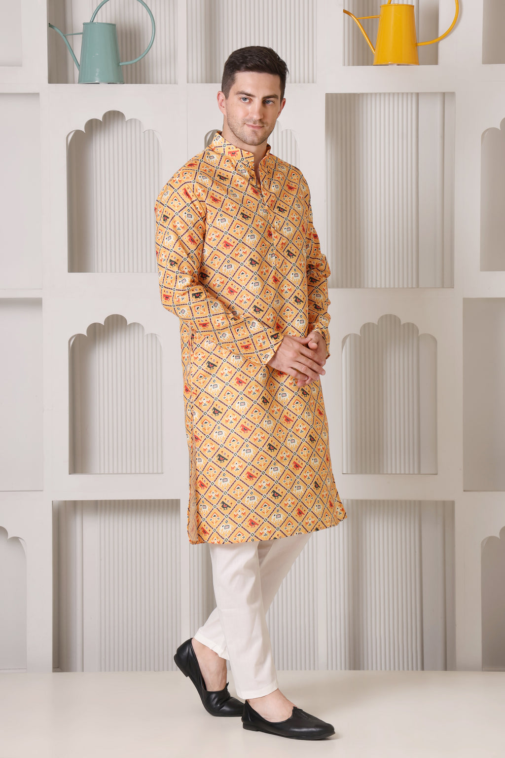 Mustard Yellow Printed Cotton Blend Kurta for Men's Ethnic