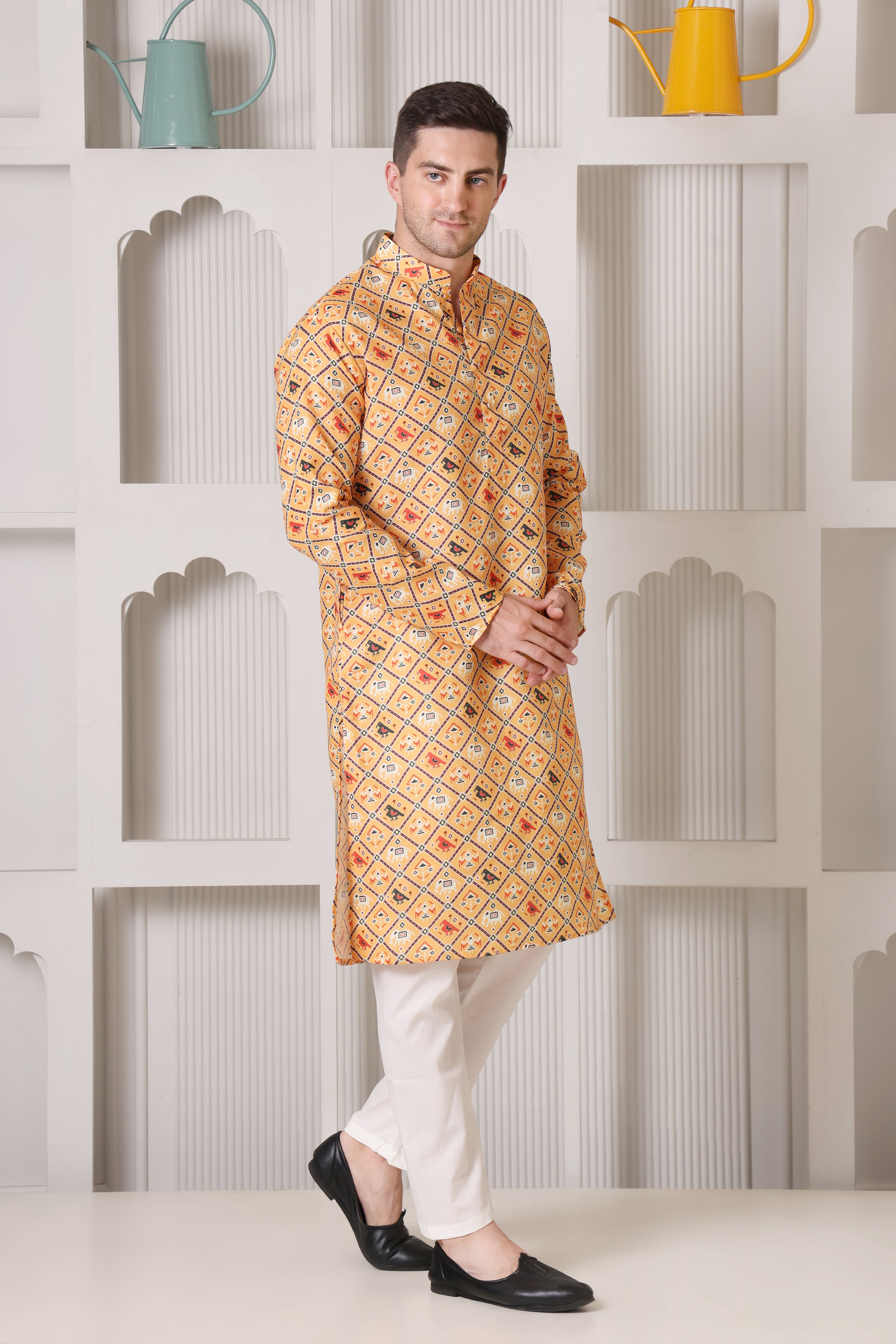 Mustard Yellow Printed Cotton Blend Kurta for Men's Ethnic