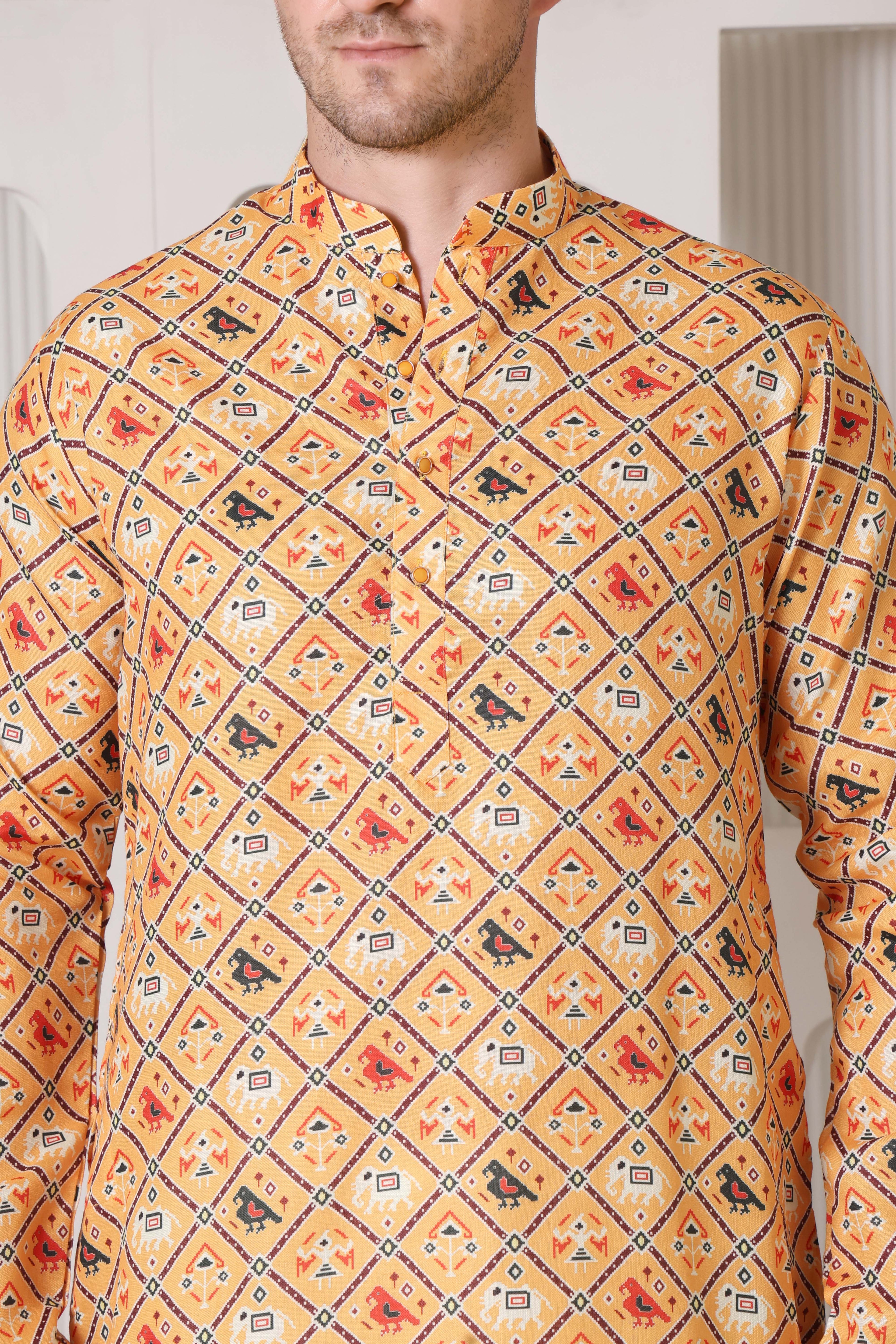 Mustard Yellow Printed Cotton Blend Kurta for Men's Ethnic