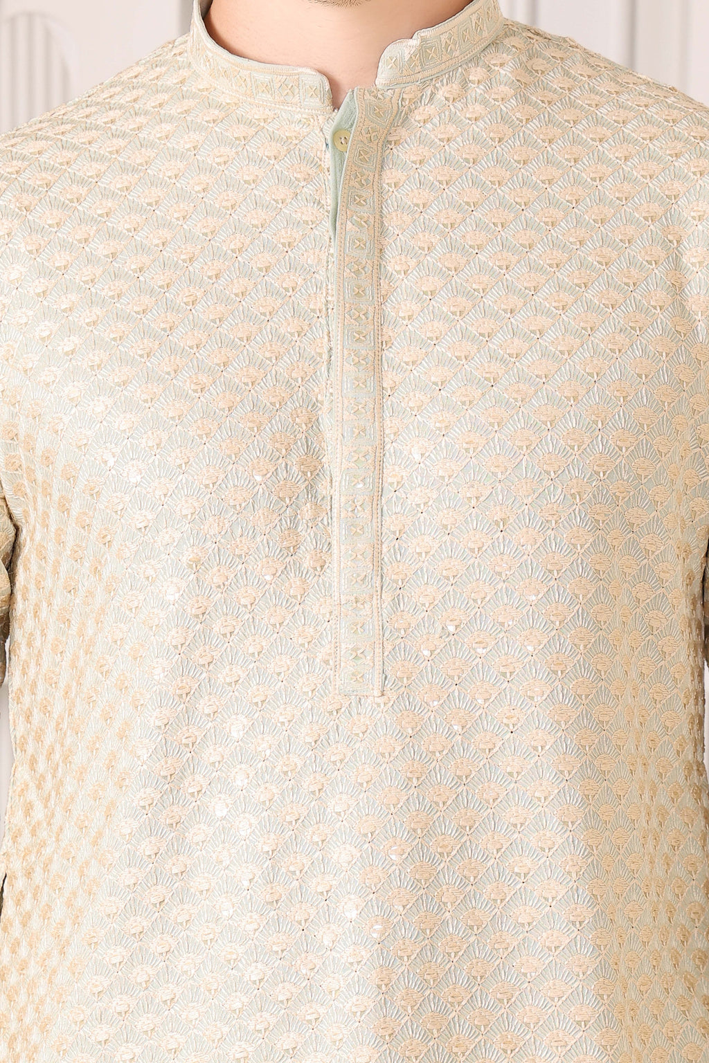 Men’s Pista Festive Kurta with Golden Resham Work