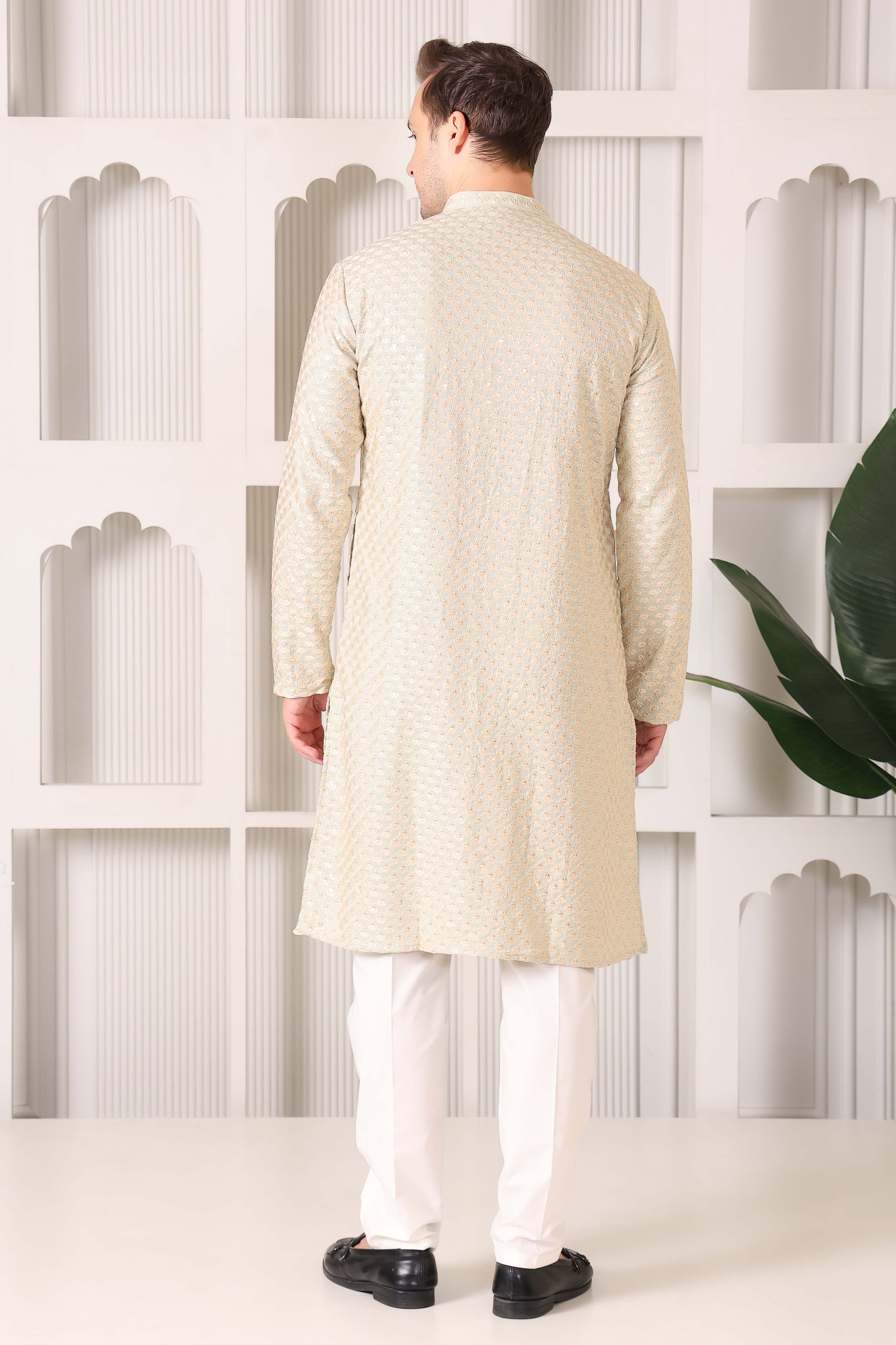 Men’s Pista Festive Kurta with Golden Resham Work
