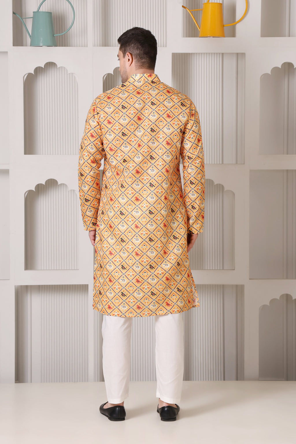 Mustard Yellow Printed Cotton Blend Kurta for Men's Ethnic