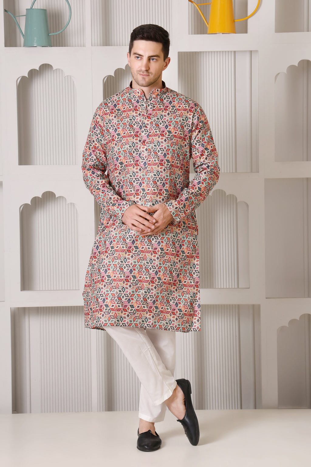 Multicolor Geometric Print Cotton Kurta Set
