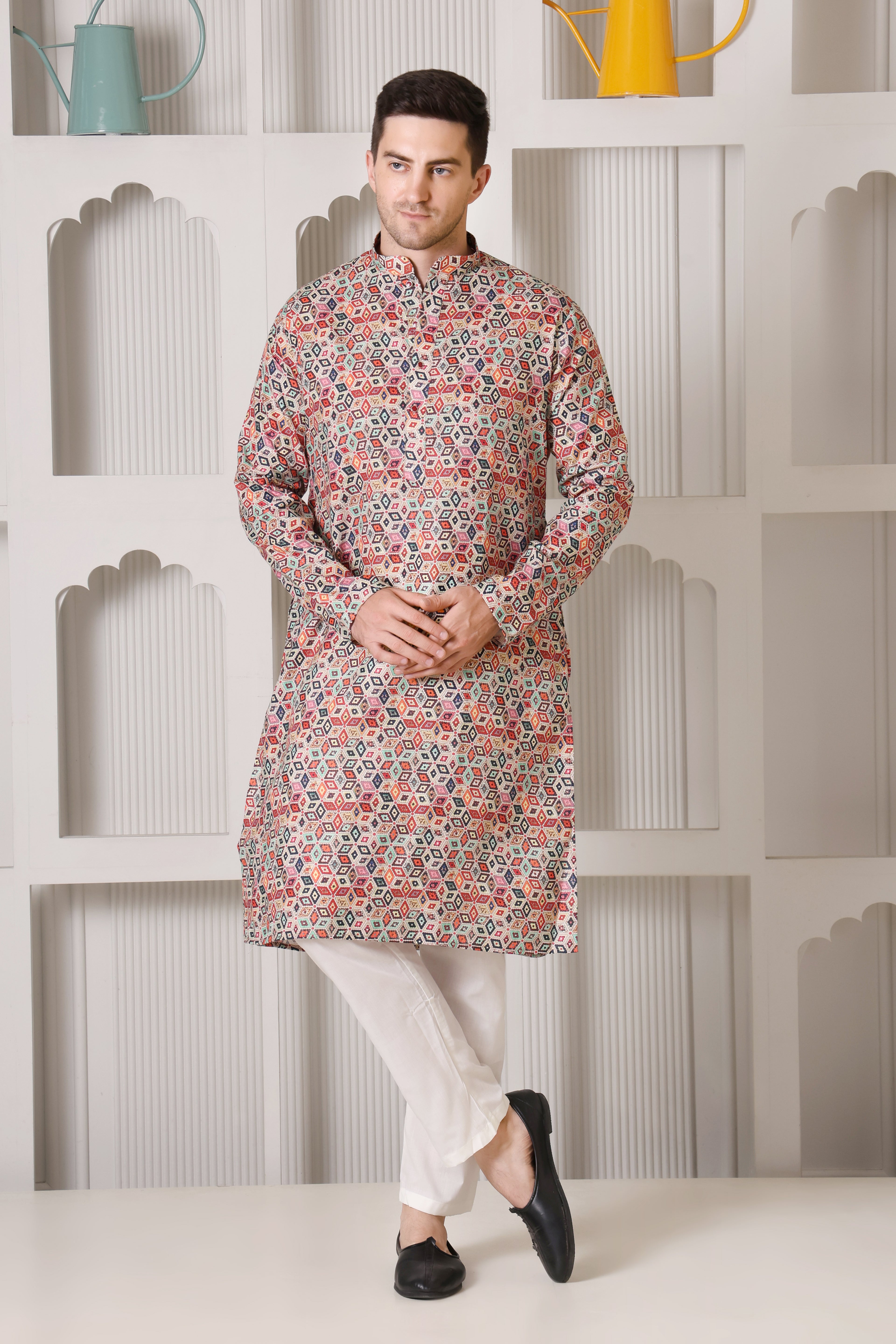 Multicolor Geometric Print Cotton Kurta Set