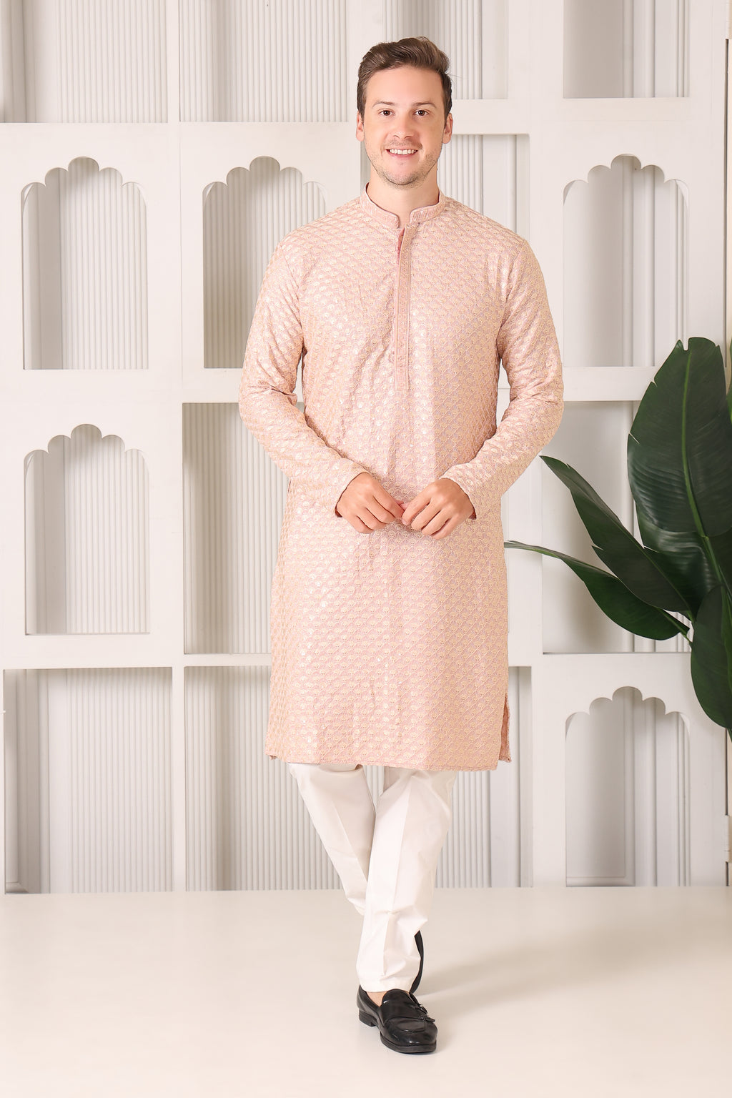 Men’s Peach Festive Kurta with Golden Resham Work