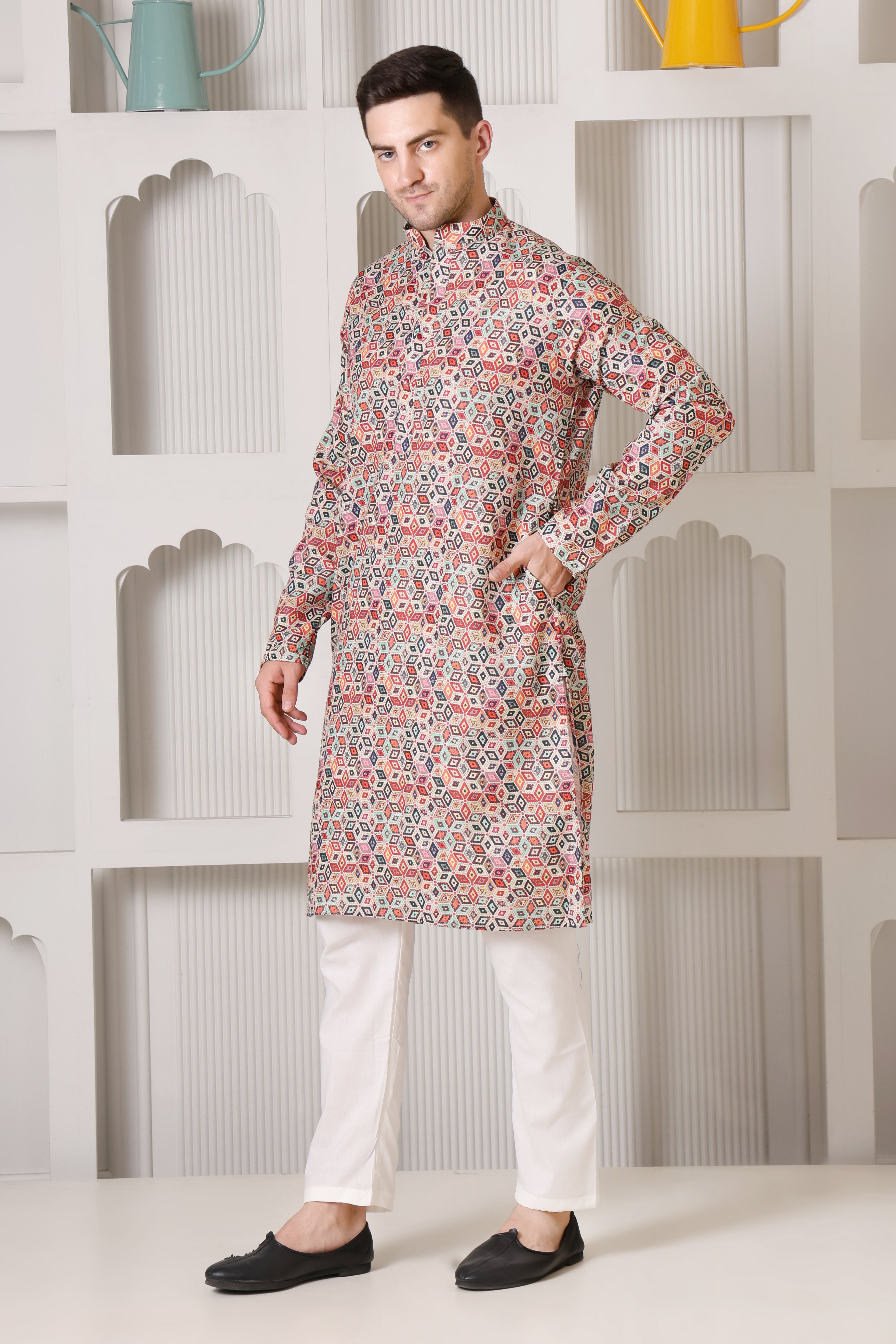 Multicolor Geometric Print Cotton Kurta Set