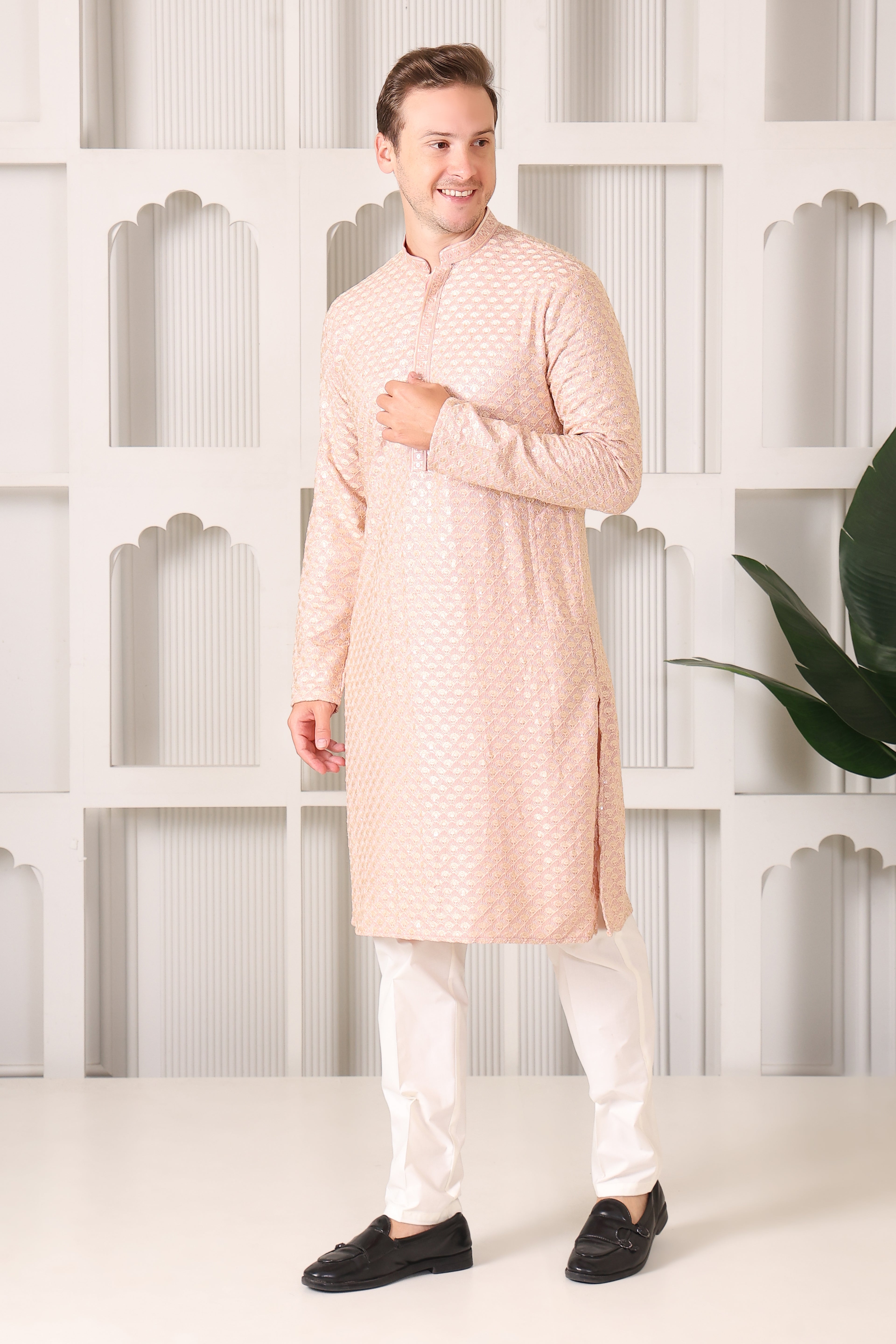 Men’s Peach Festive Kurta with Golden Resham Work