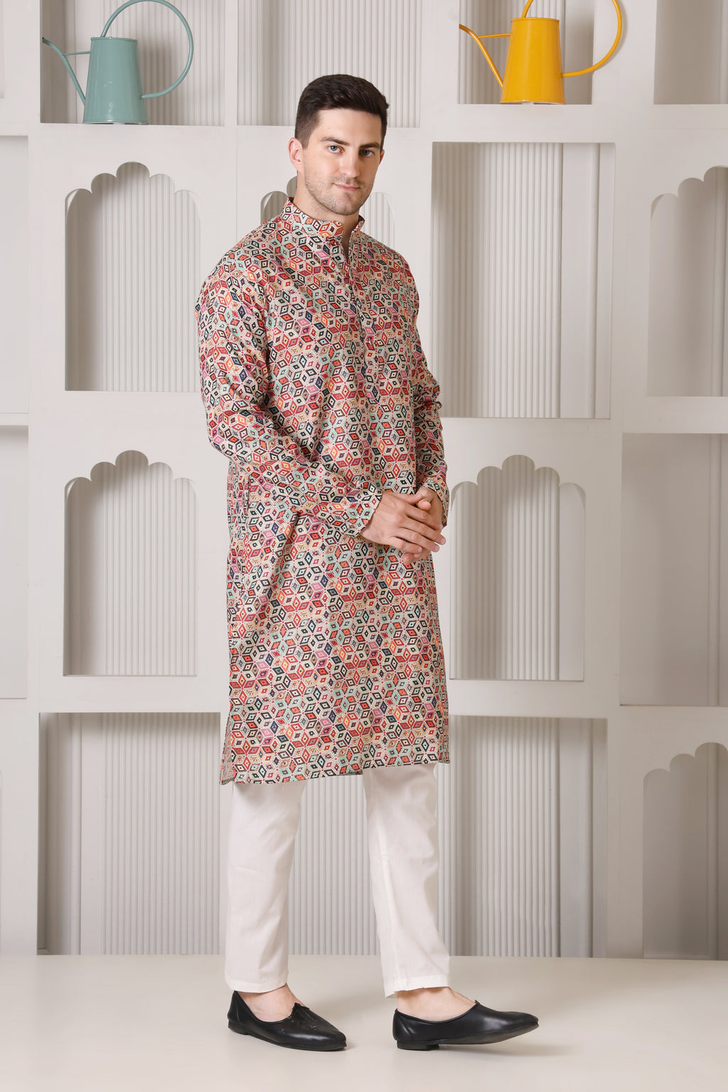 Multicolor Geometric Print Cotton Kurta Set