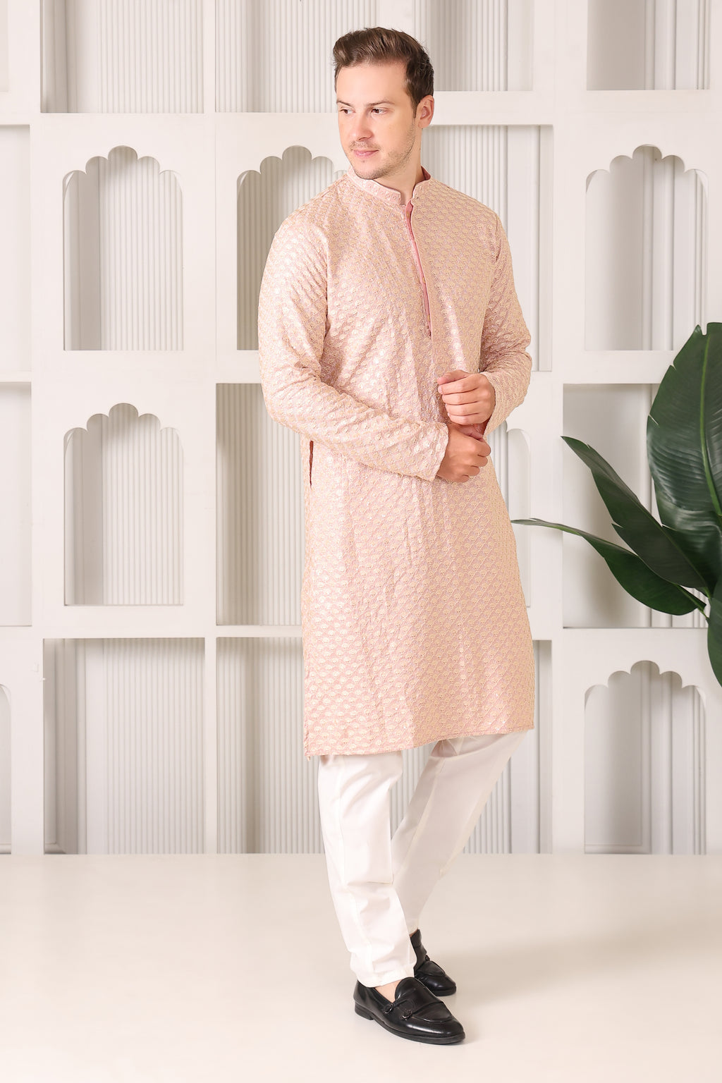 Men’s Peach Festive Kurta with Golden Resham Work