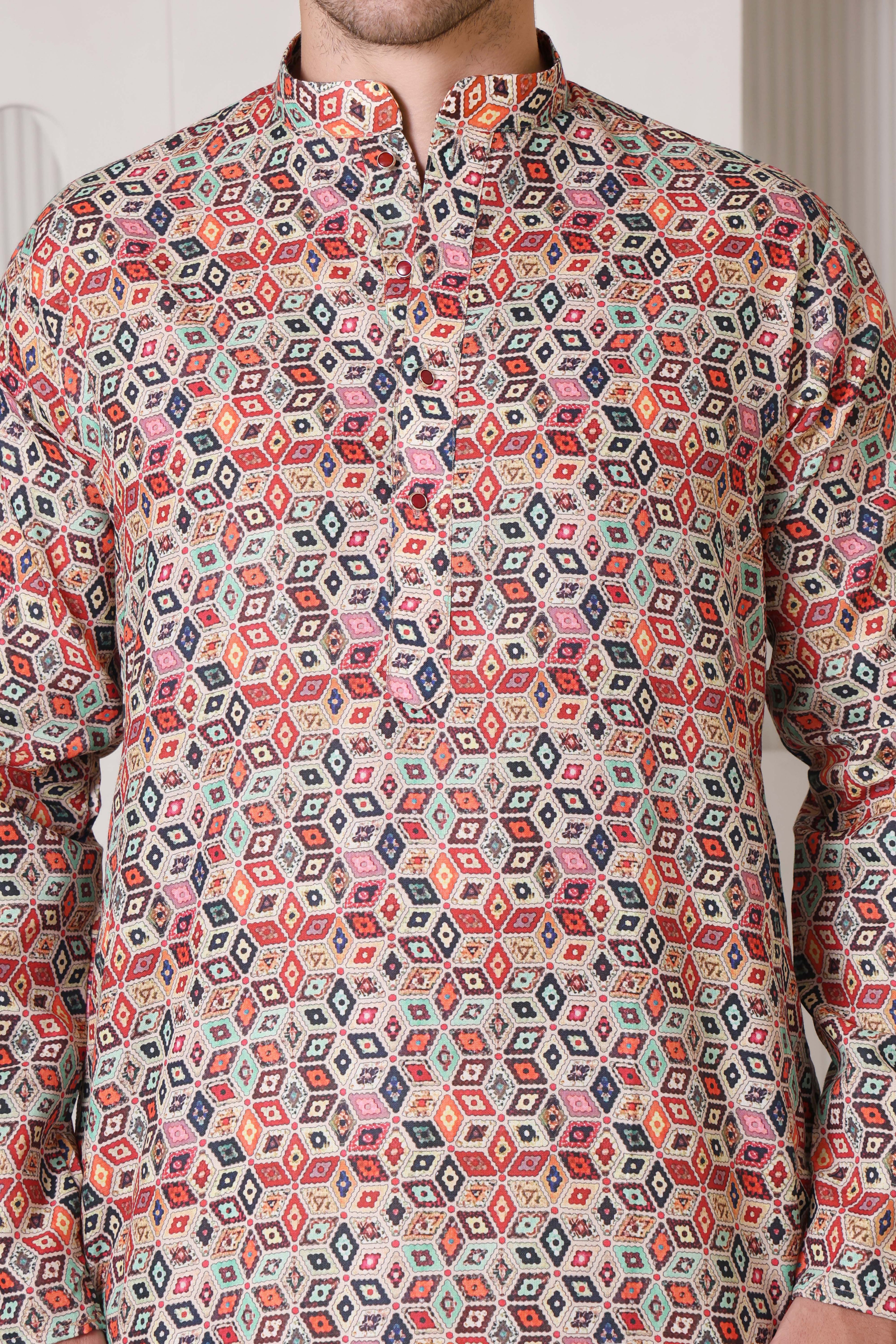 Multicolor Geometric Print Cotton Kurta Set