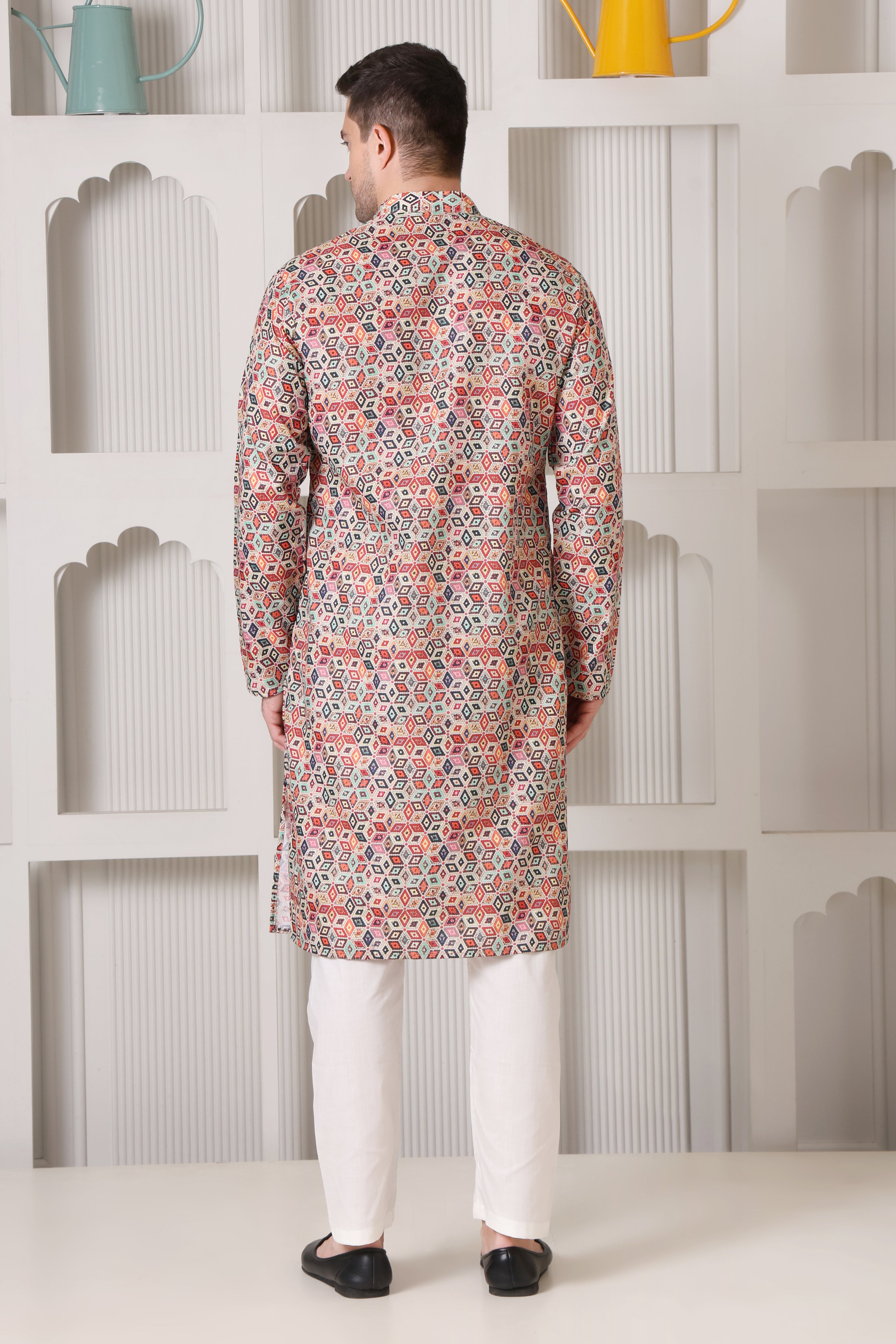 Multicolor Geometric Print Cotton Kurta Set