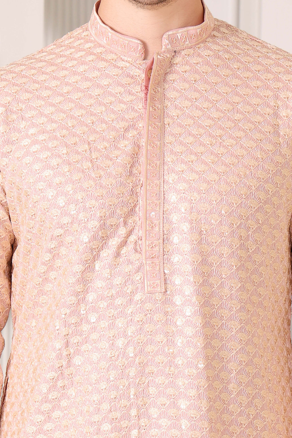 Men’s Peach Festive Kurta with Golden Resham Work