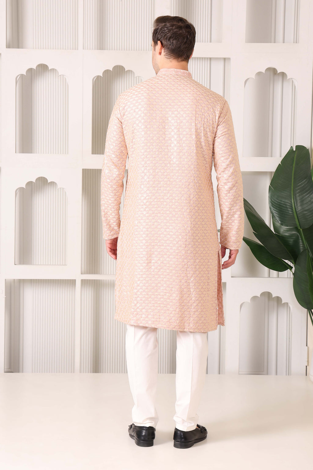 Men’s Peach Festive Kurta with Golden Resham Work