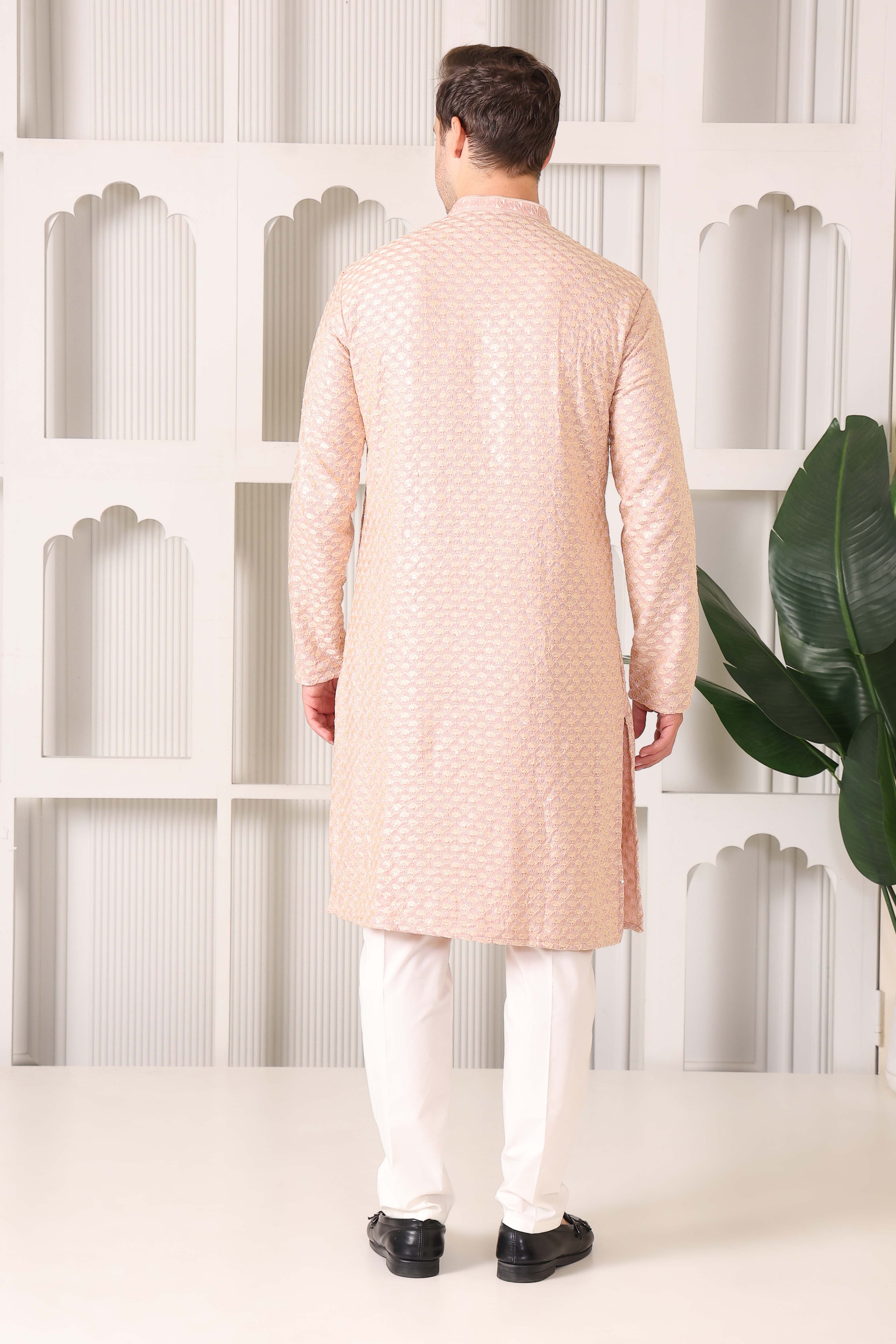 Men’s Peach Festive Kurta with Golden Resham Work