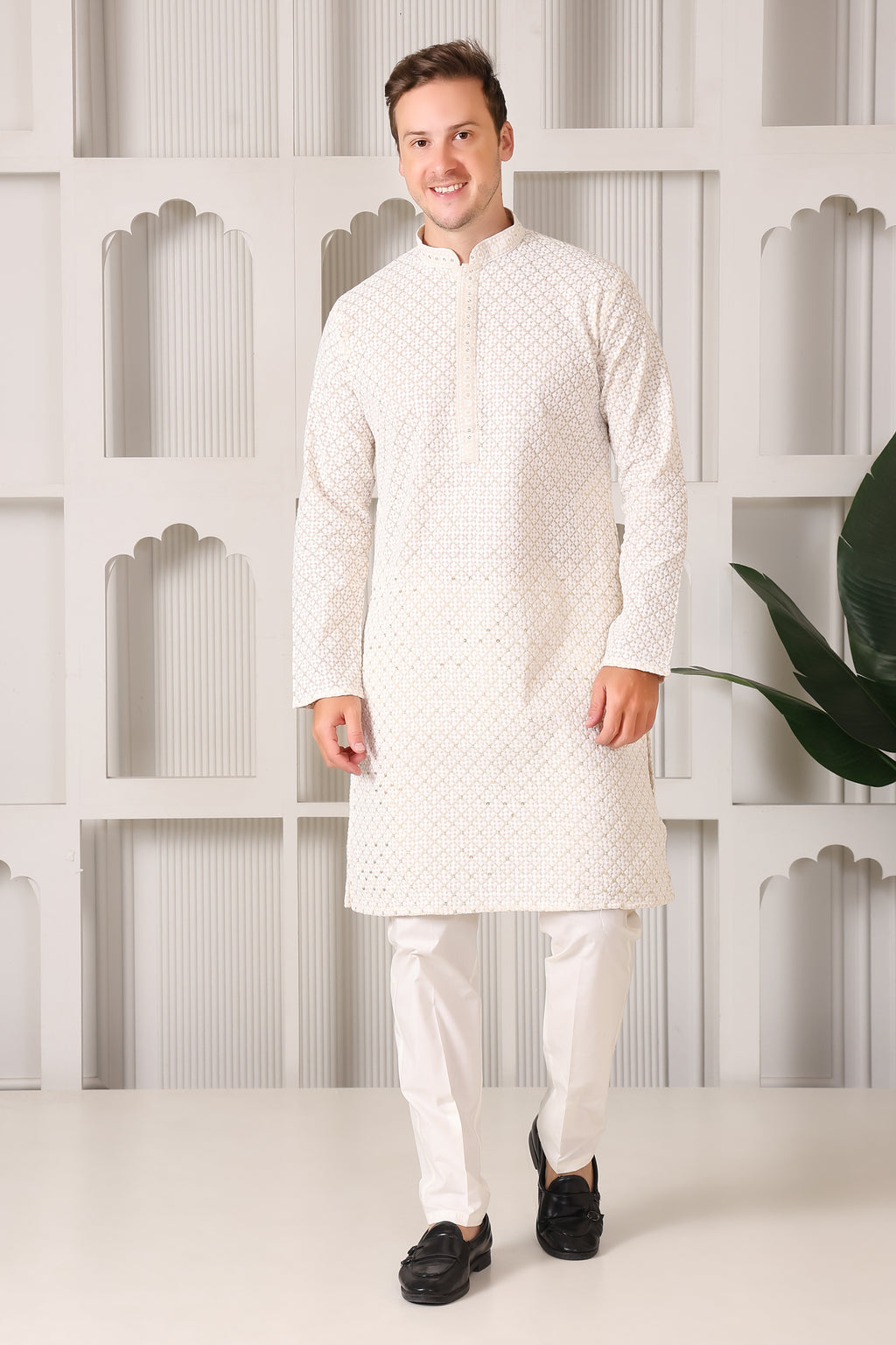 Men's Ivory Sequin & Thread Work Kurta with White Pajama