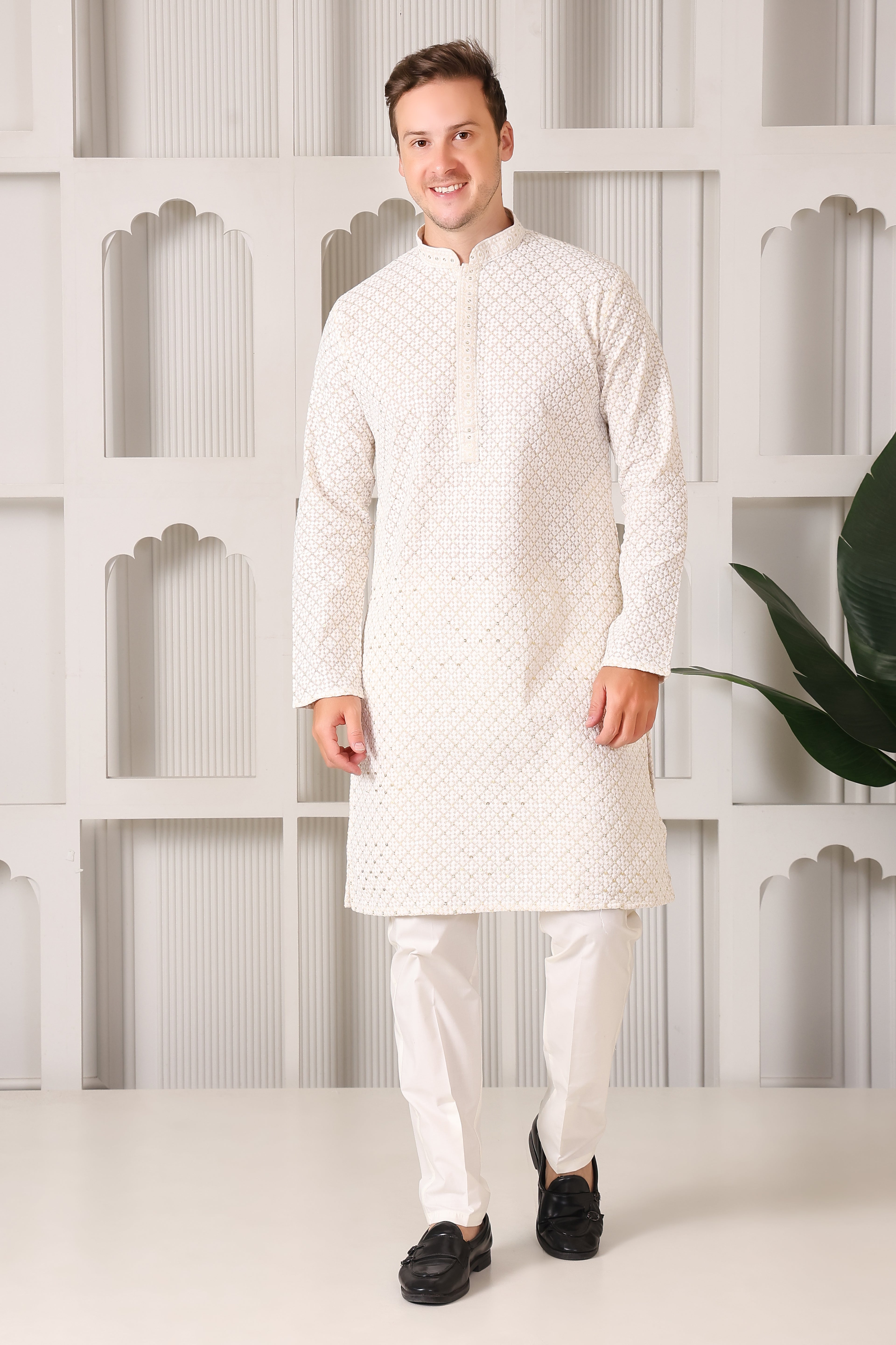 Men's Ivory Sequin & Thread Work Kurta with White Pajama