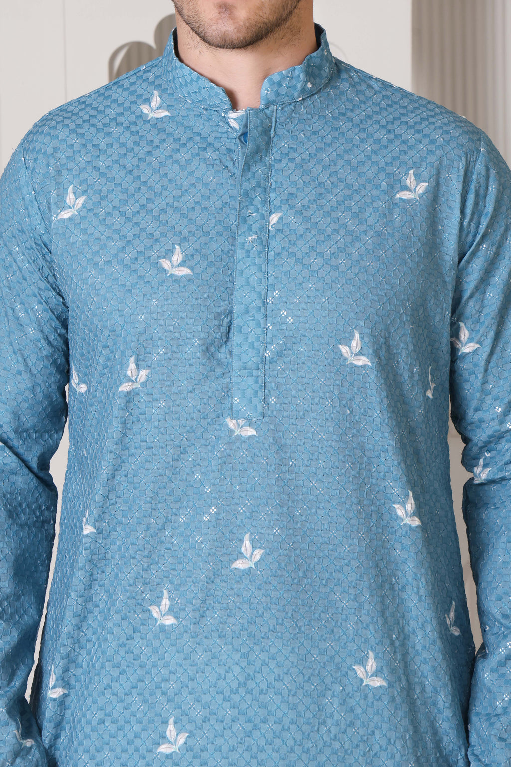 Blue Men’s Cotton Printed Kurta Set with Scenic Border Detail Design