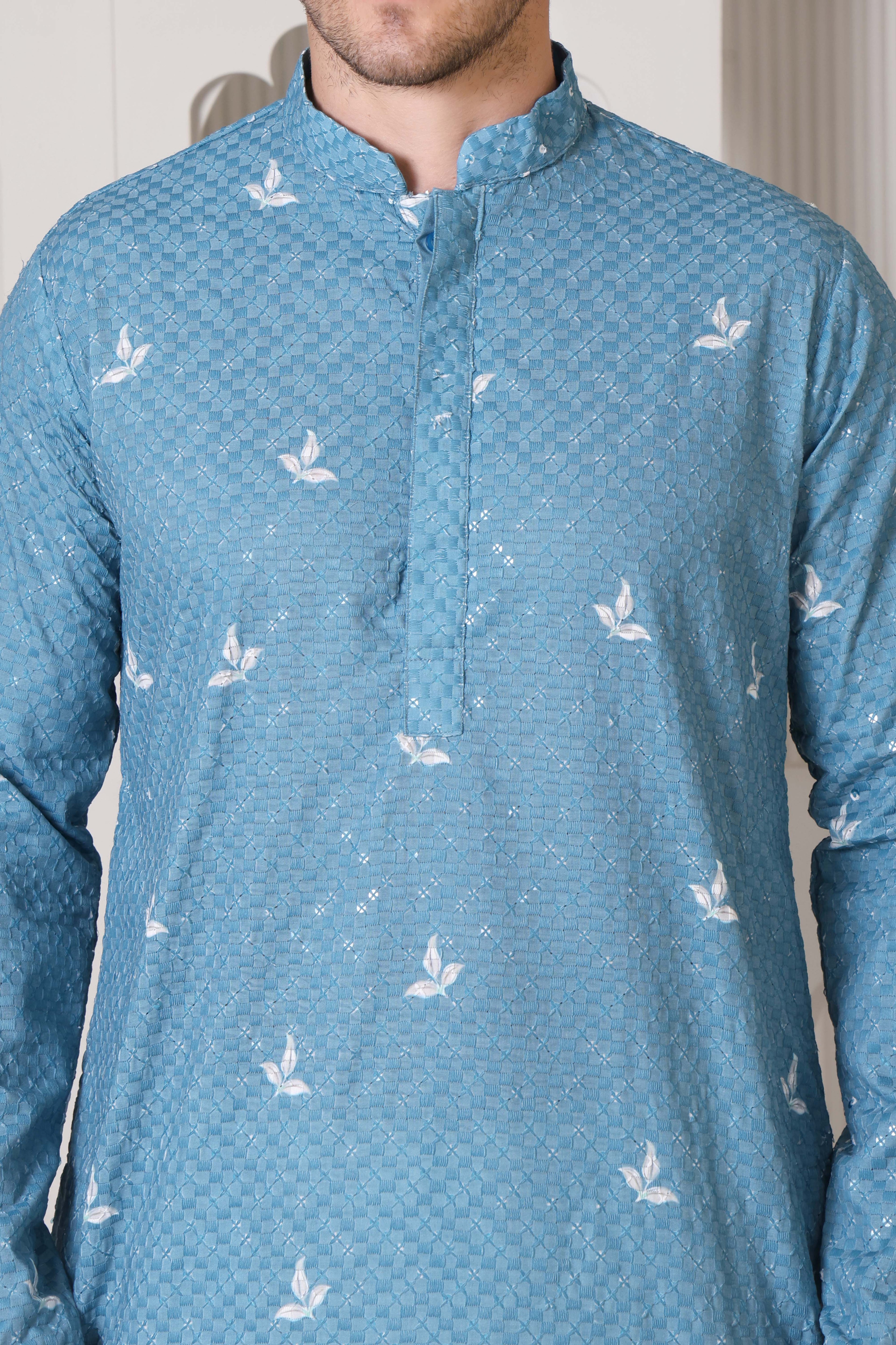 Blue Men’s Cotton Printed Kurta Set with Scenic Border Detail Design